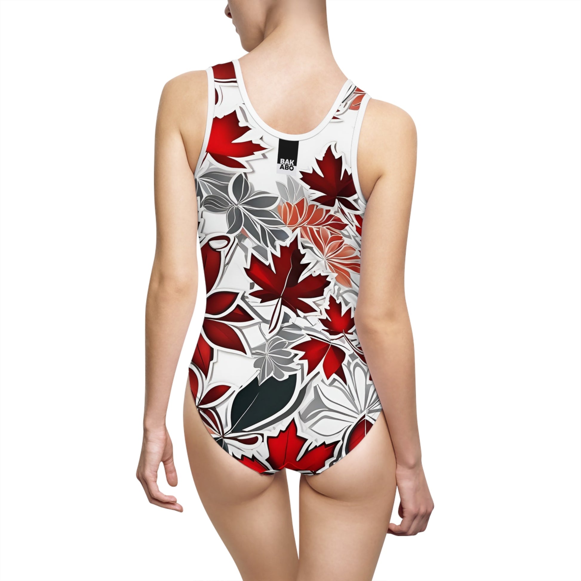 Maple Leaves Floral One-Piece Swimsuit — Red & Gray Fall Print Printify bakabo.club