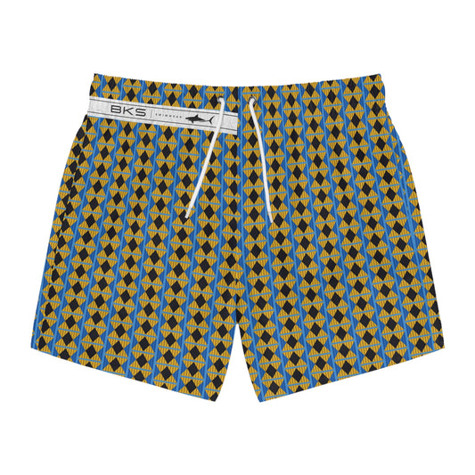 Geometric Blue & Gold Swim Trunks — Retro Diamond All-Over Print Printify bakabo.club