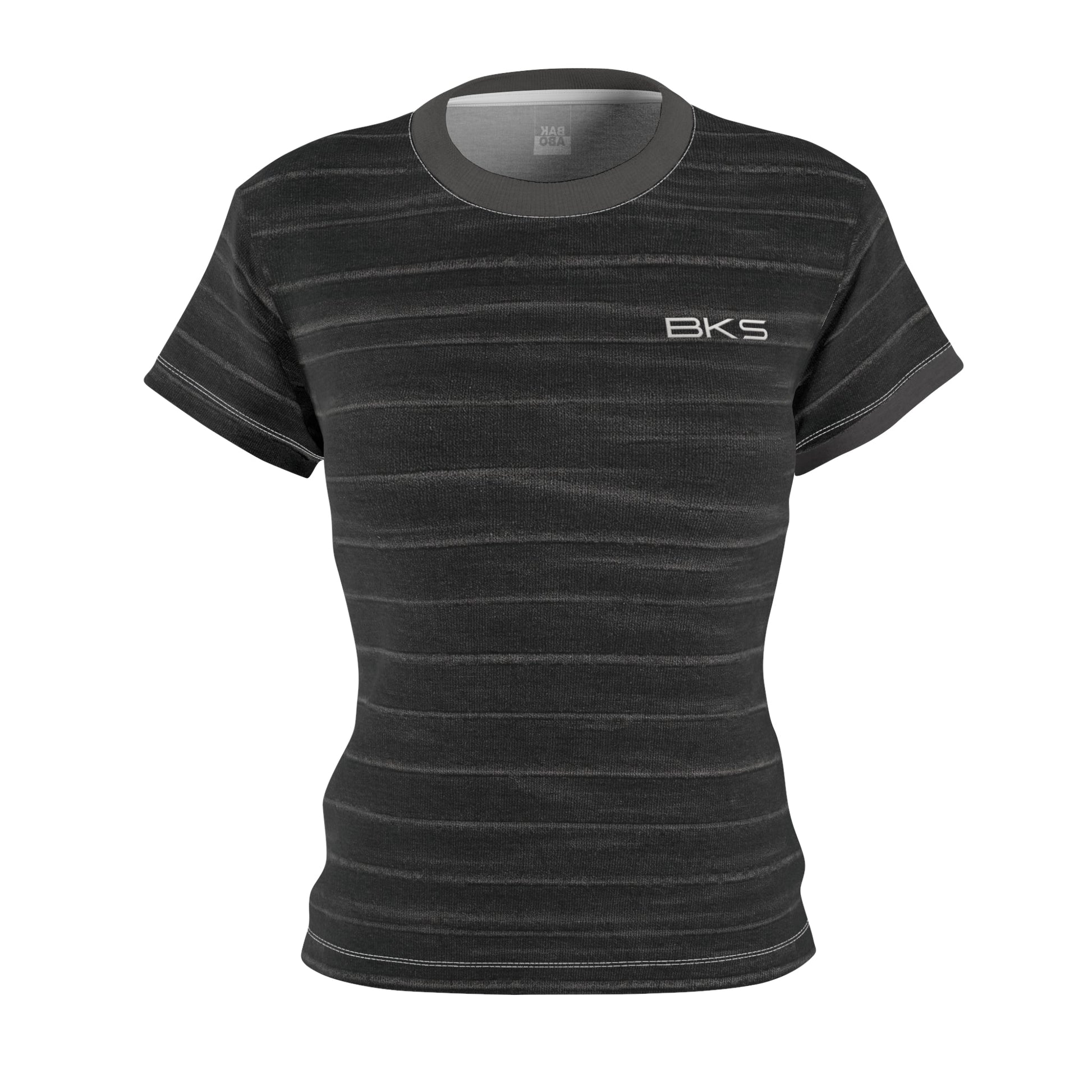 Women’s Black Washed Stripe Tee — ‘BKS’ Minimal Logo Printify bakabo.club