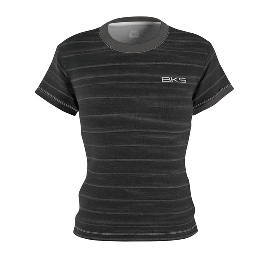 Women’s Black Washed Stripe Tee — ‘BKS’ Minimal Logo Printify bakabo.club