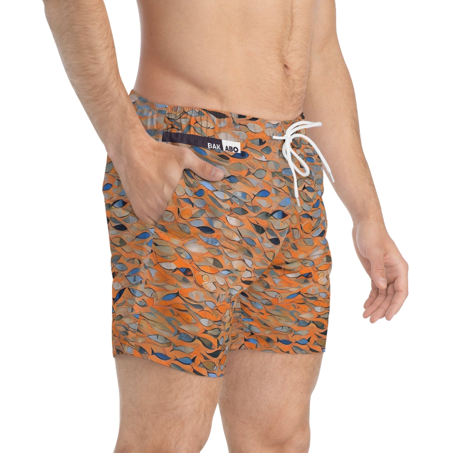 Fish School Swim Trunks — Orange Abstract All-Over-Print Beach Shorts Printify bakabo.club