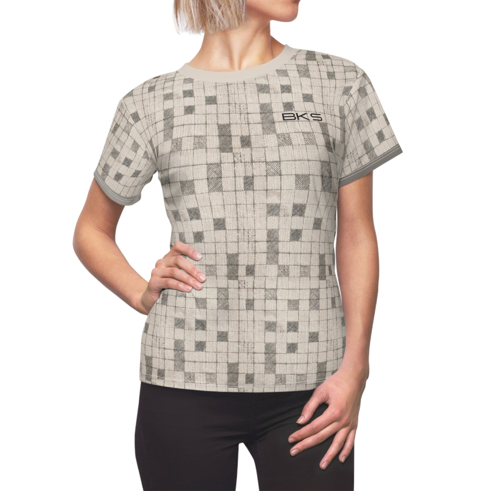Women's Geo Grid Tee — Neutral Pixel Check Pattern Printify bakabo.club