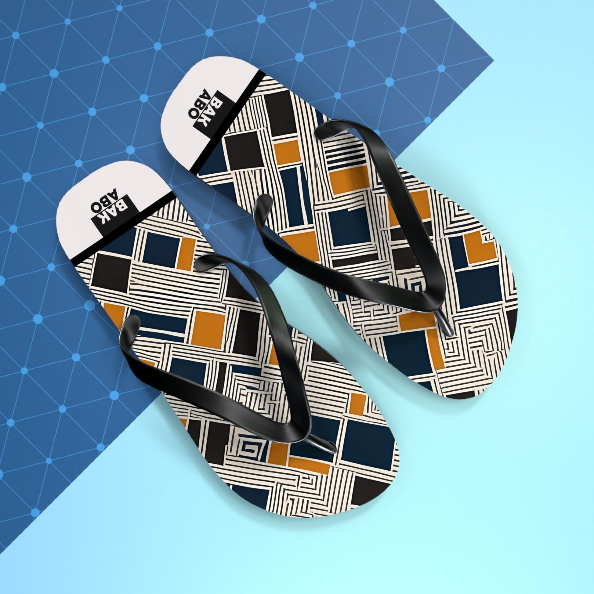 Geometric Pattern Flip Flops — Navy & Mustard Square Design Printify bakabo.club