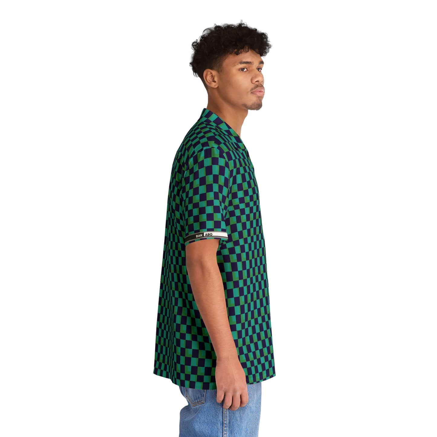 Checkered Hawaiian Shirt — Green & Navy Retro AOP Camp Shirt Printify bakabo.club