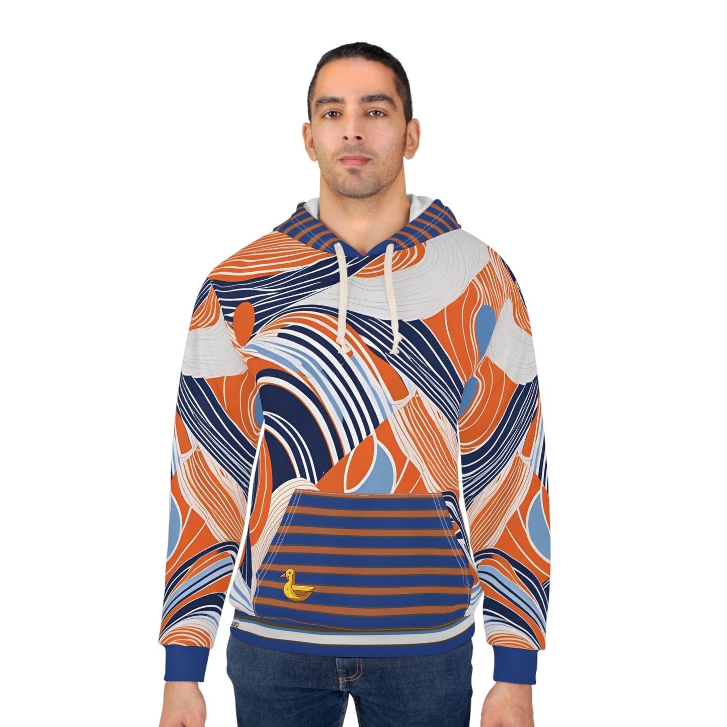 Abstract Wave Pattern Hoodie — Orange & Navy All-Over Print Pullover Printify bakabo.club