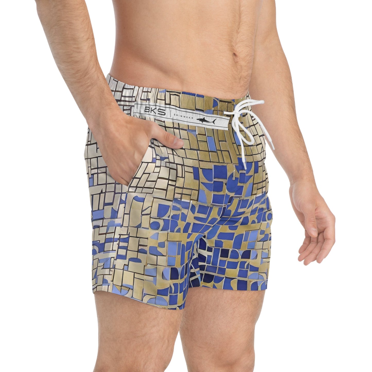 Geometric Mosaic Swim Trunks — Blue & Sand All-Over Print Printify bakabo.club