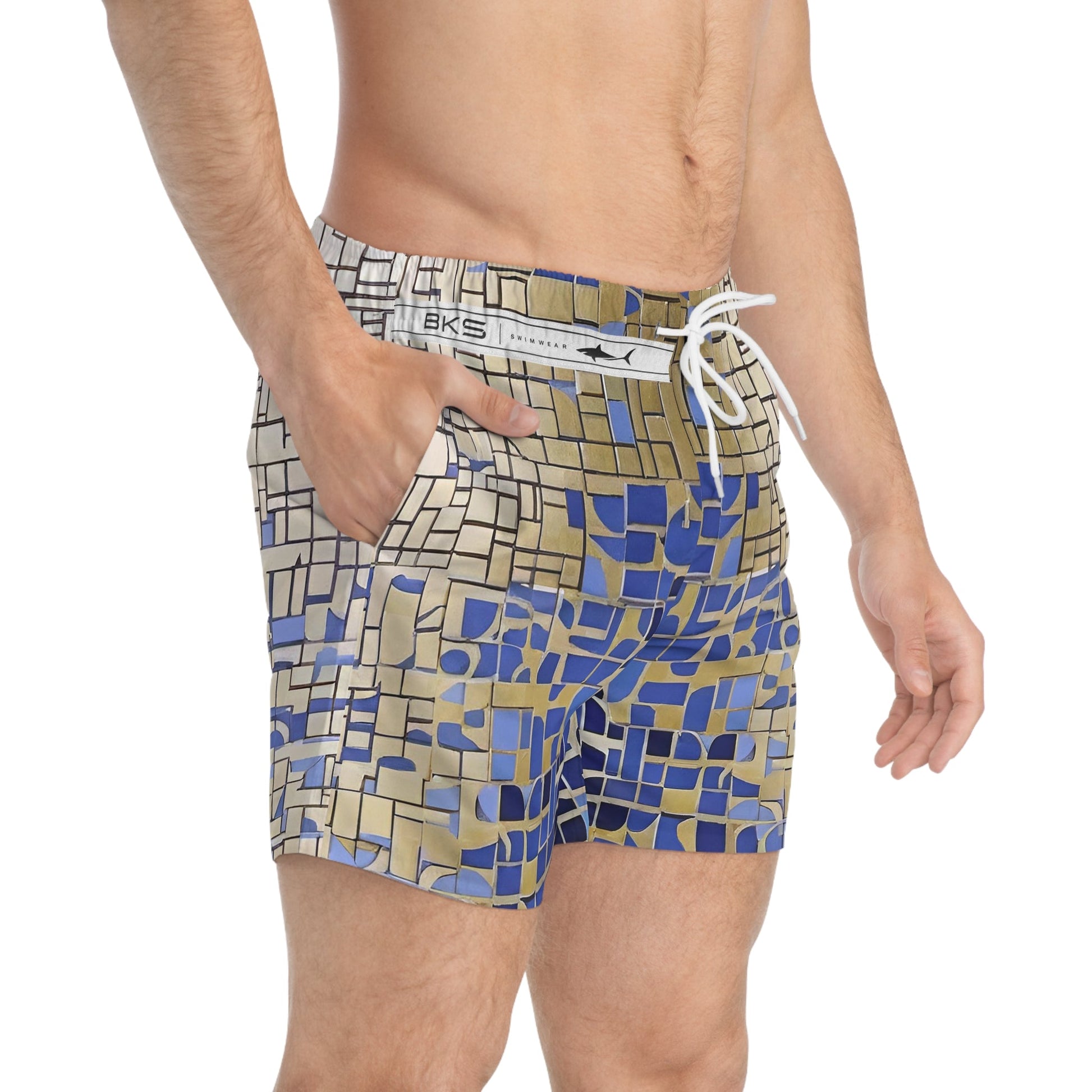 Geometric Mosaic Swim Trunks — Blue & Sand All-Over Print Printify bakabo.club