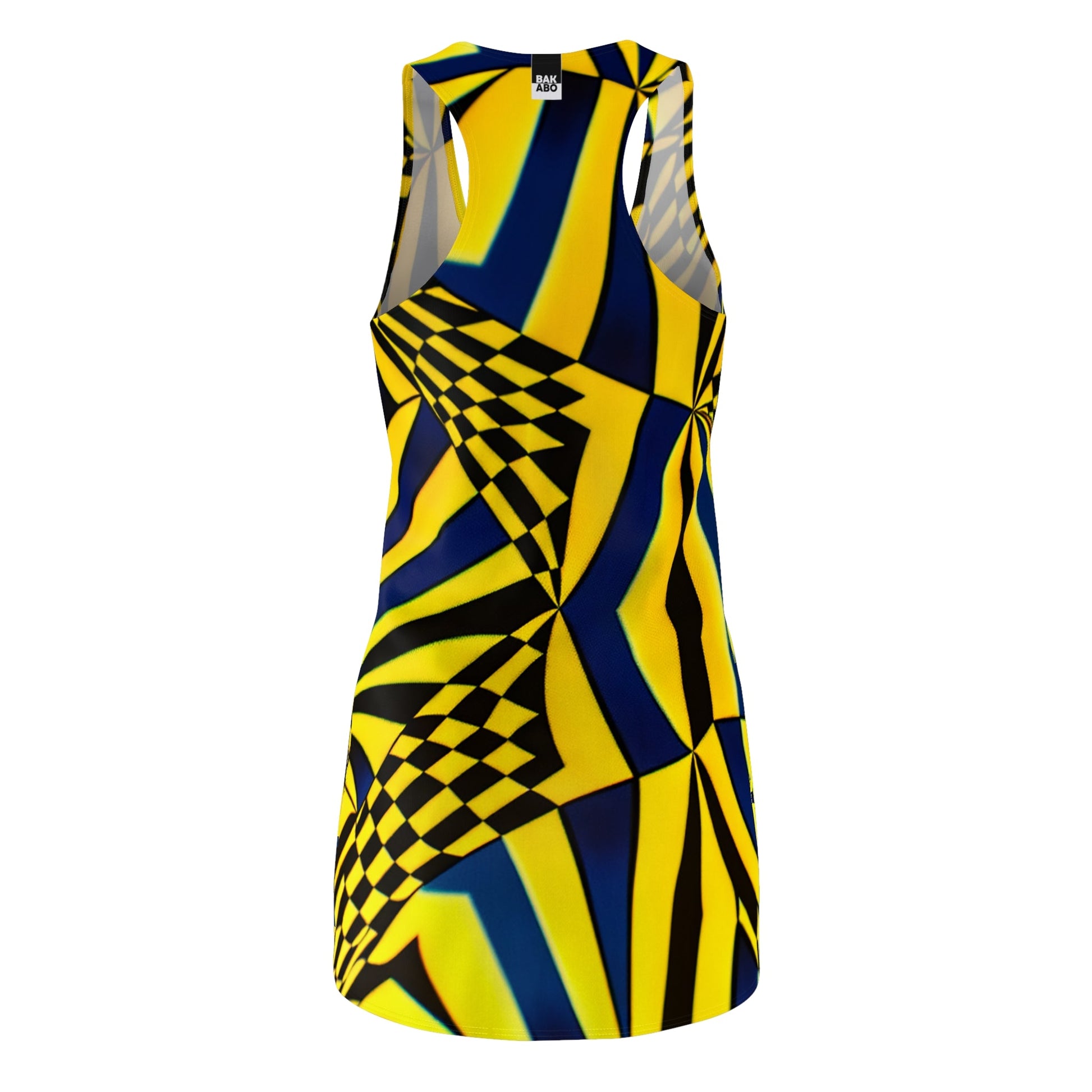 Racerback Dress — Bold Yellow & Navy Optical Check Spiral Print Printify bakabo.club