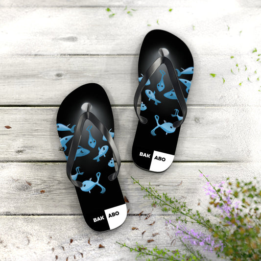 Blue Fish Pattern Flip Flops — Beach Sandals with Cute Fish Design Printify bakabo.club
