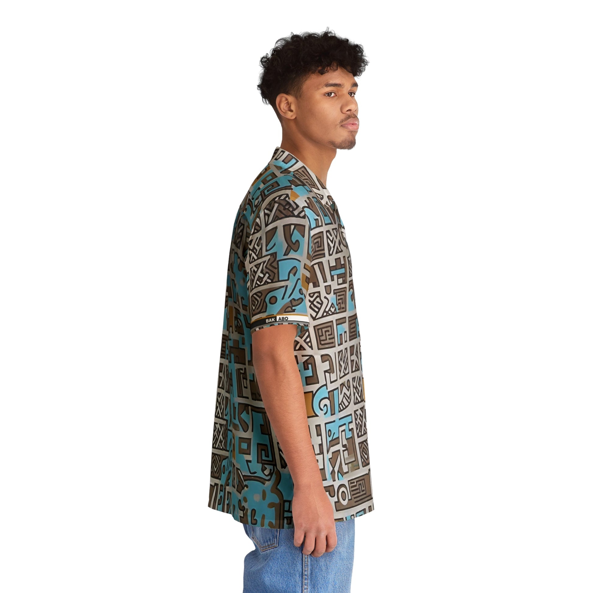 Tribal Geo Print Hawaiian Shirt — Blue & Taupe AOP Printify bakabo.club
