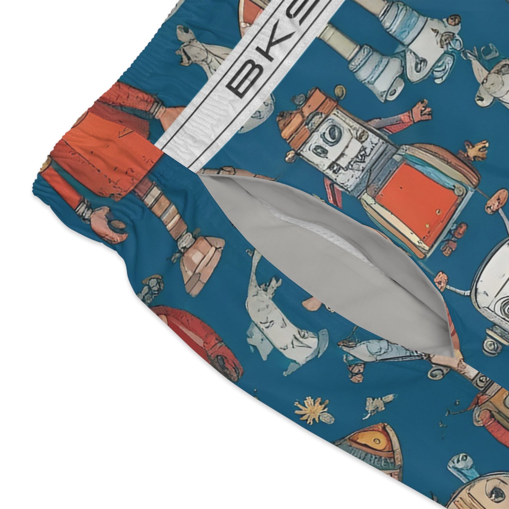 Retro Robot Swim Trunks — Vintage Toy Robot All-Over Print Swim Shorts Printify bakabo.club