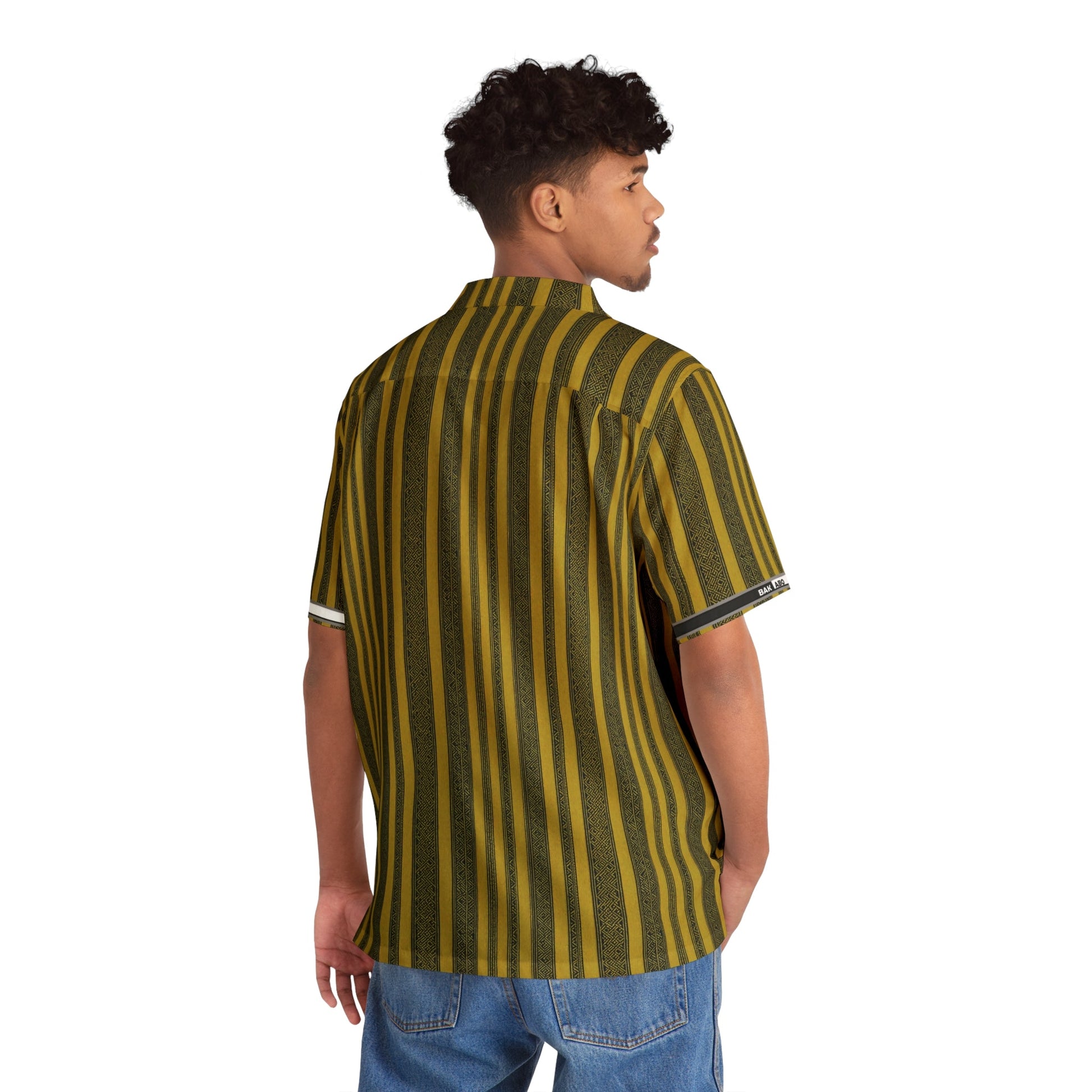 Men's Striped Hawaiian Shirt — Retro Olive & Gold AOP Camp Collar Printify bakabo.club