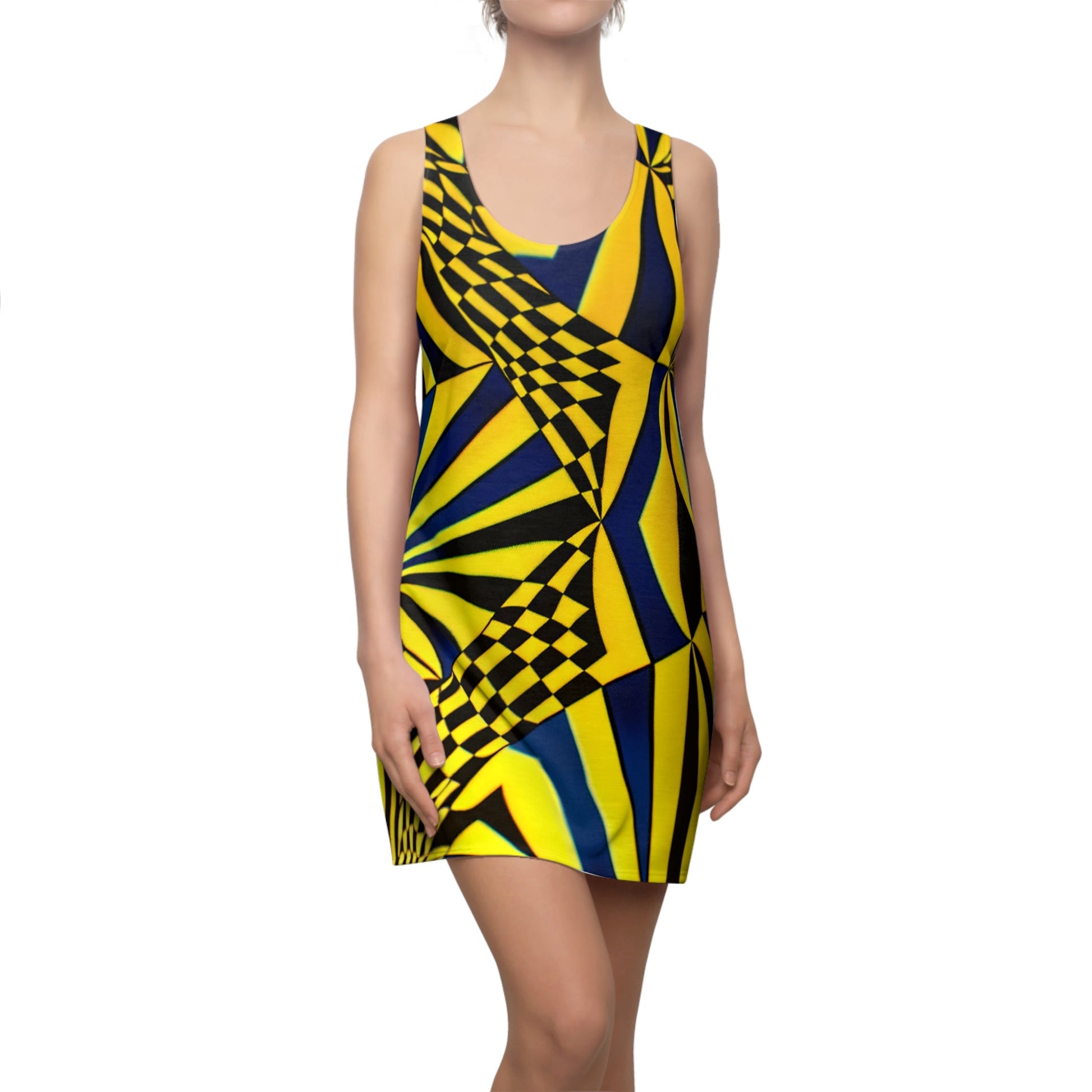 Racerback Dress — Bold Yellow & Navy Optical Check Spiral Print Printify bakabo.club