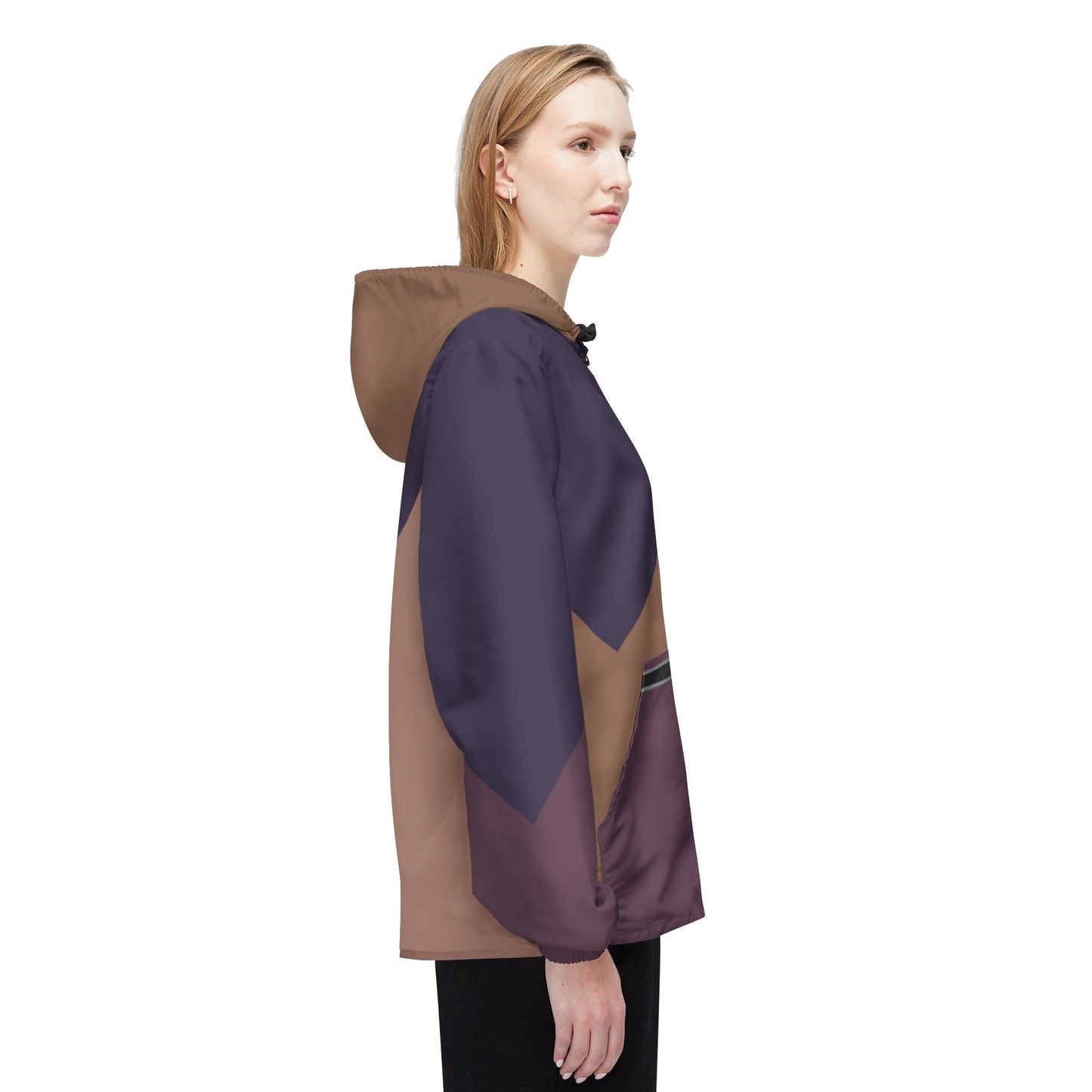 Geometric Chevron Windbreaker Jacket – Brown & Plum Colorblock Hooded Outerwear Printify bakabo.club
