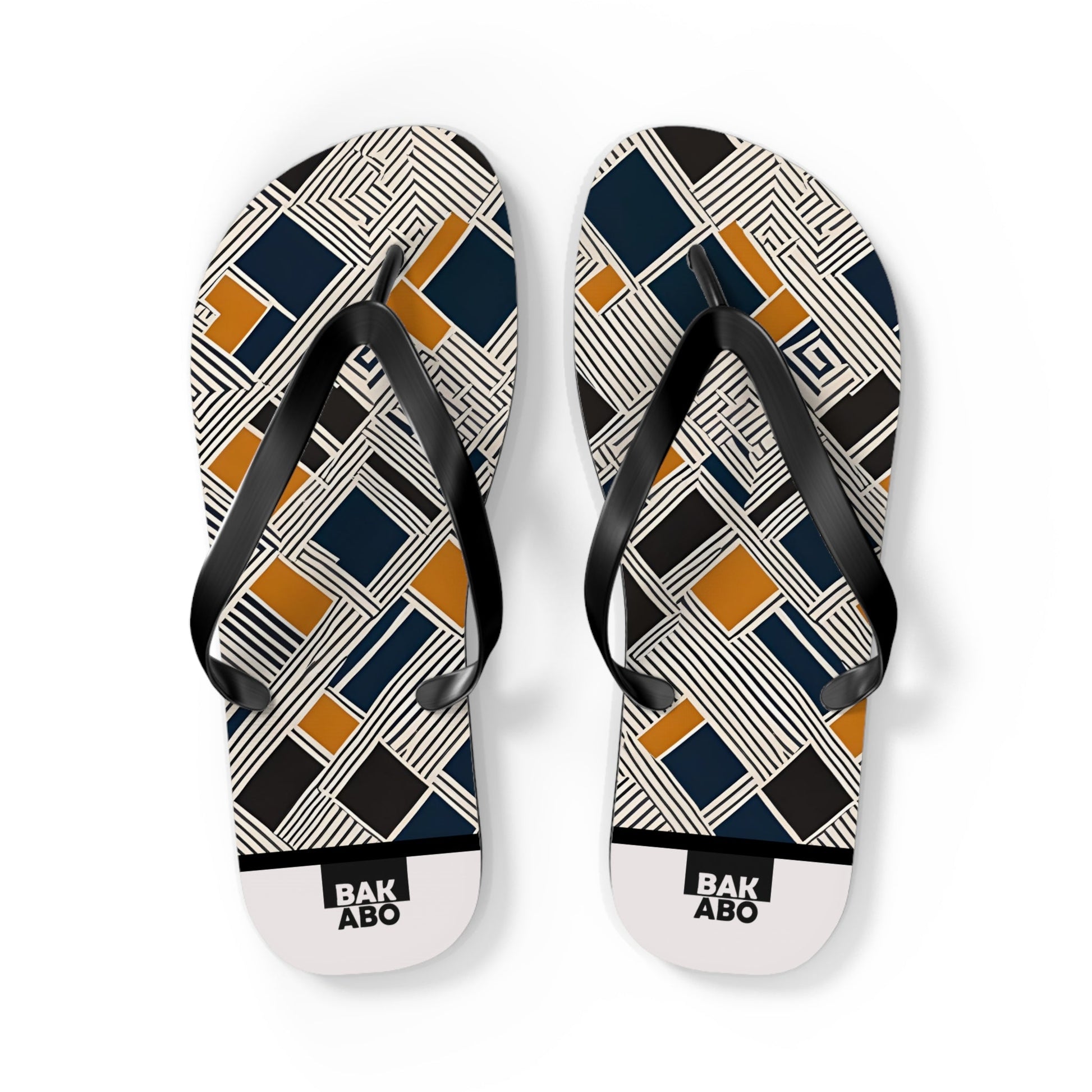 Geometric Pattern Flip Flops — Navy & Mustard Square Design Printify bakabo.club