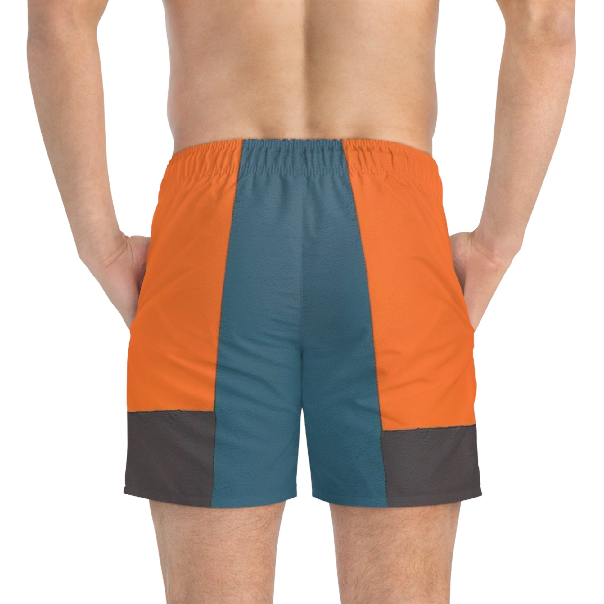 Colorblock Swim Trunks – Teal, Orange & Charcoal Beach Shorts Printify bakabo.club