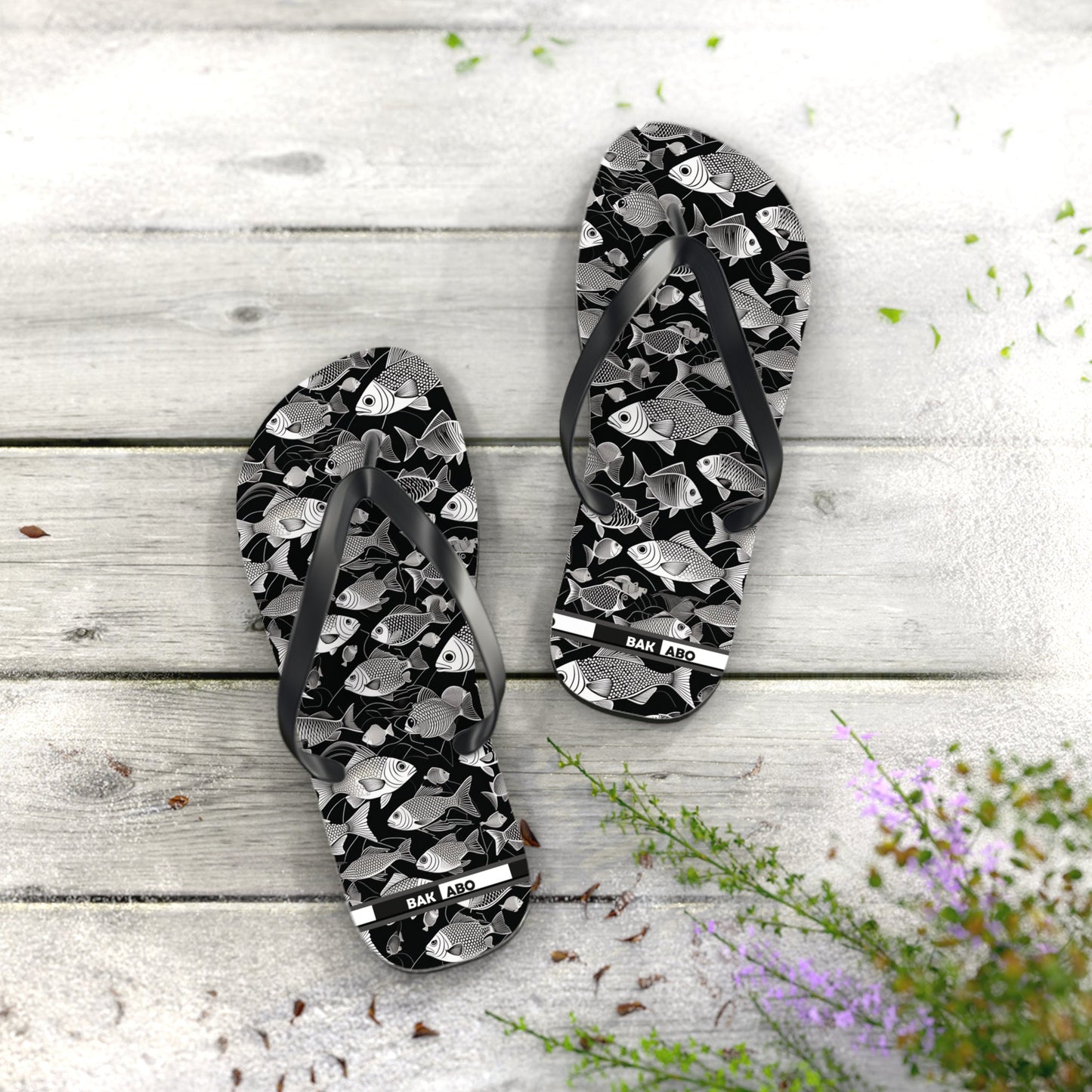 Tropical Fish Flip Flops — Black & White Beach Sandals with Fish Pattern Printify bakabo.club