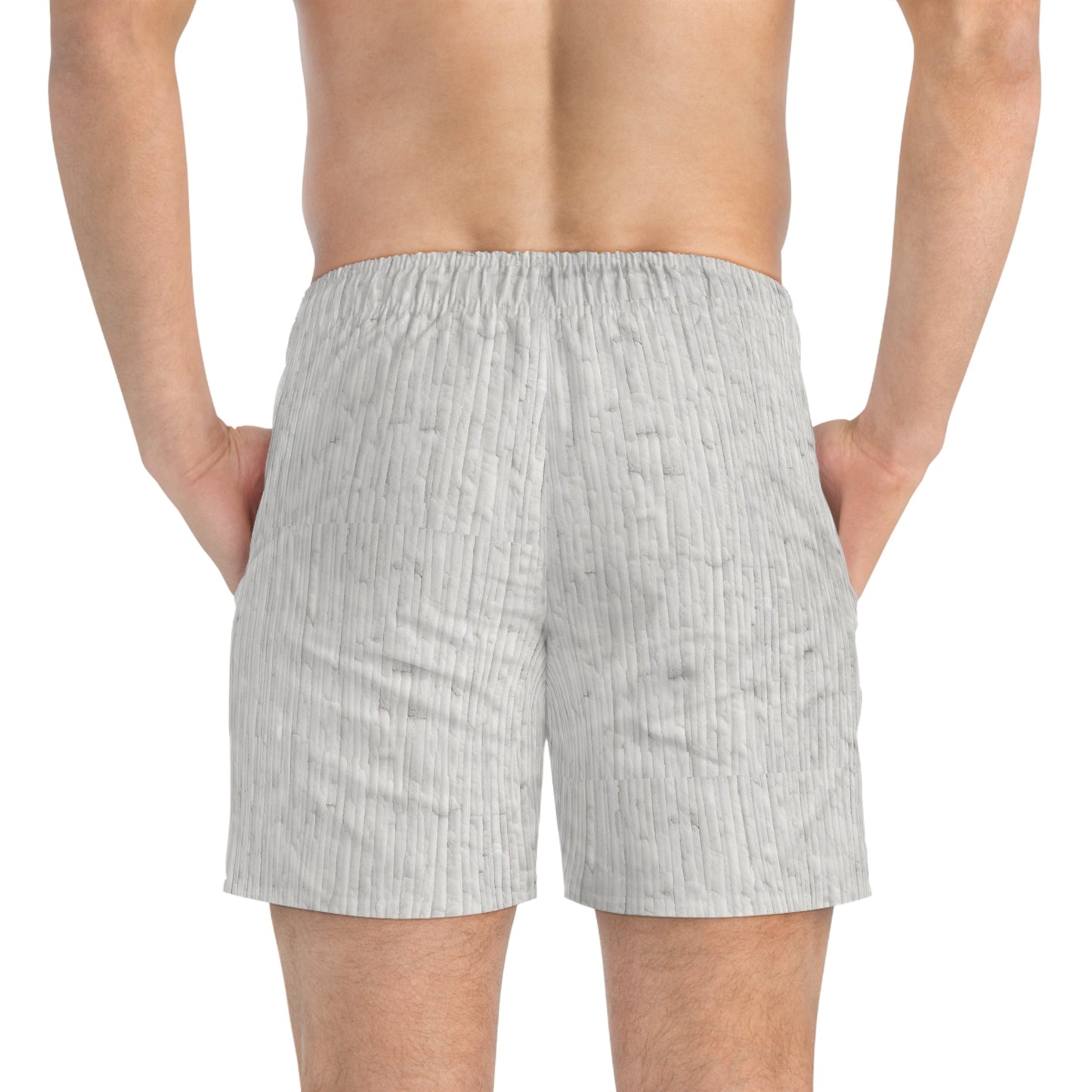 Men's Light Gray Textured Swim Trunks — Subtle Woodgrain AOP Beach Shorts Printify bakabo.club