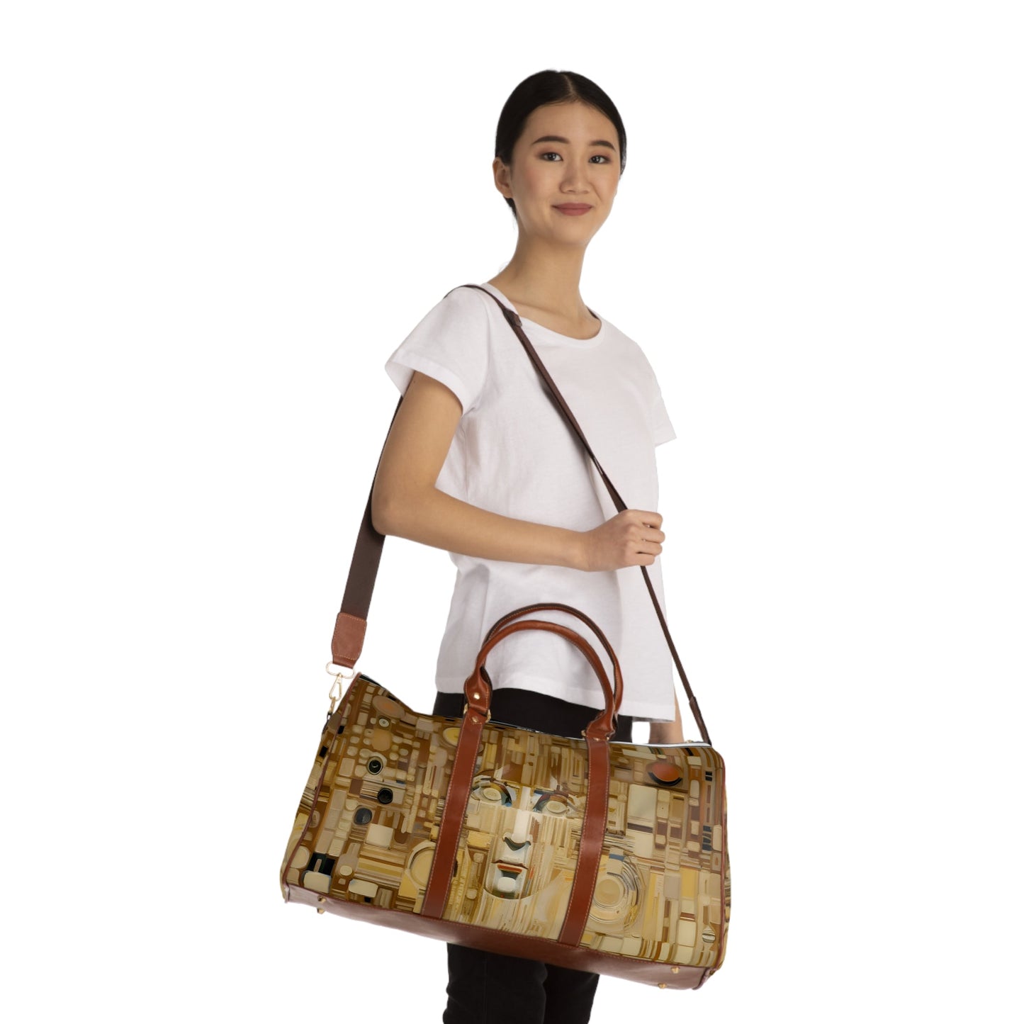Abstract Gold Mosaic Duffel Bag – Waterproof Travel Bag with Modern Face Art Printify bakabo.club