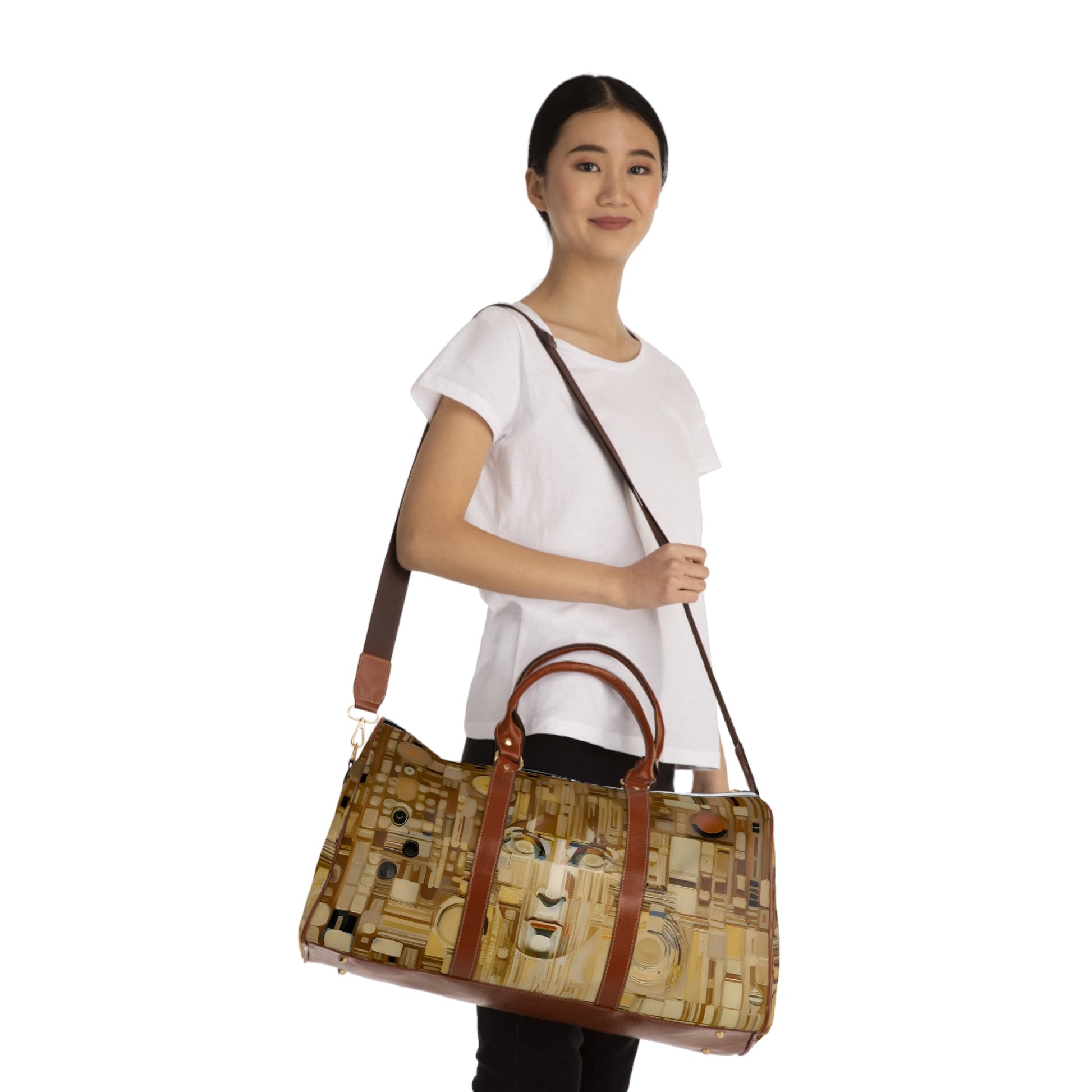 Abstract Gold Mosaic Duffel Bag – Waterproof Travel Bag with Modern Face Art Printify bakabo.club