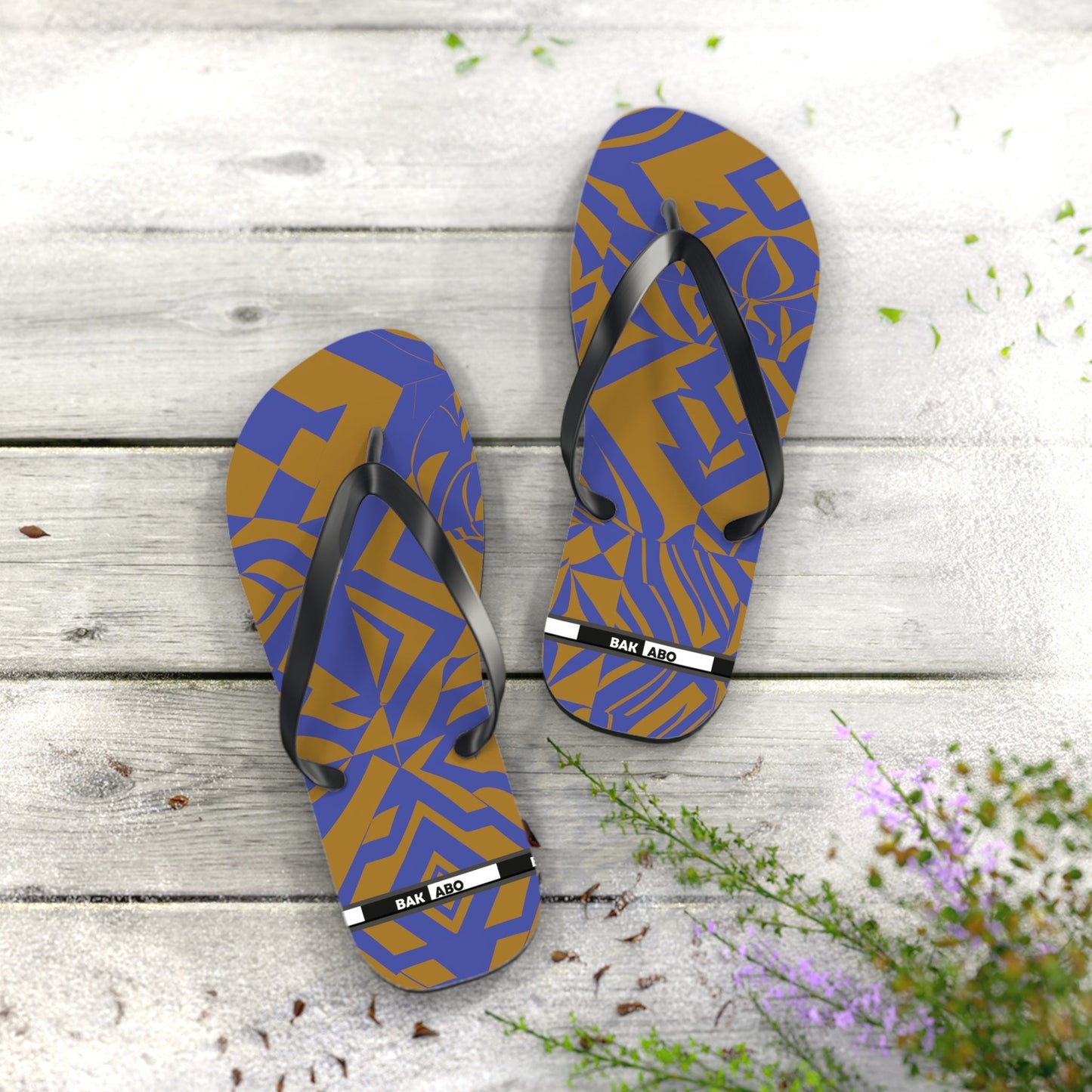 Abstract Blue & Gold Flip Flops — Tropical Geometric Beach Sandals Printify bakabo.club