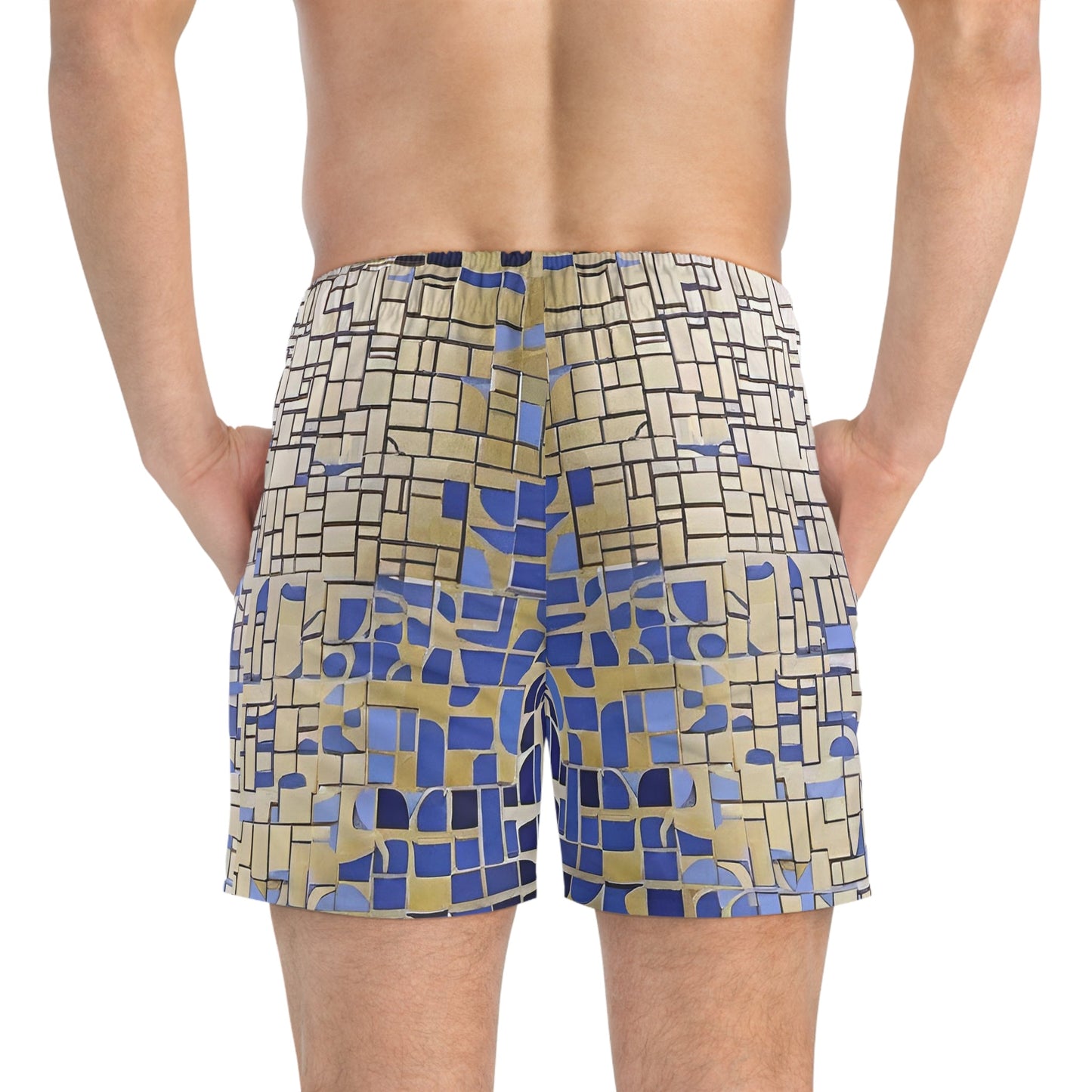 Geometric Mosaic Swim Trunks — Blue & Sand All-Over Print Printify bakabo.club