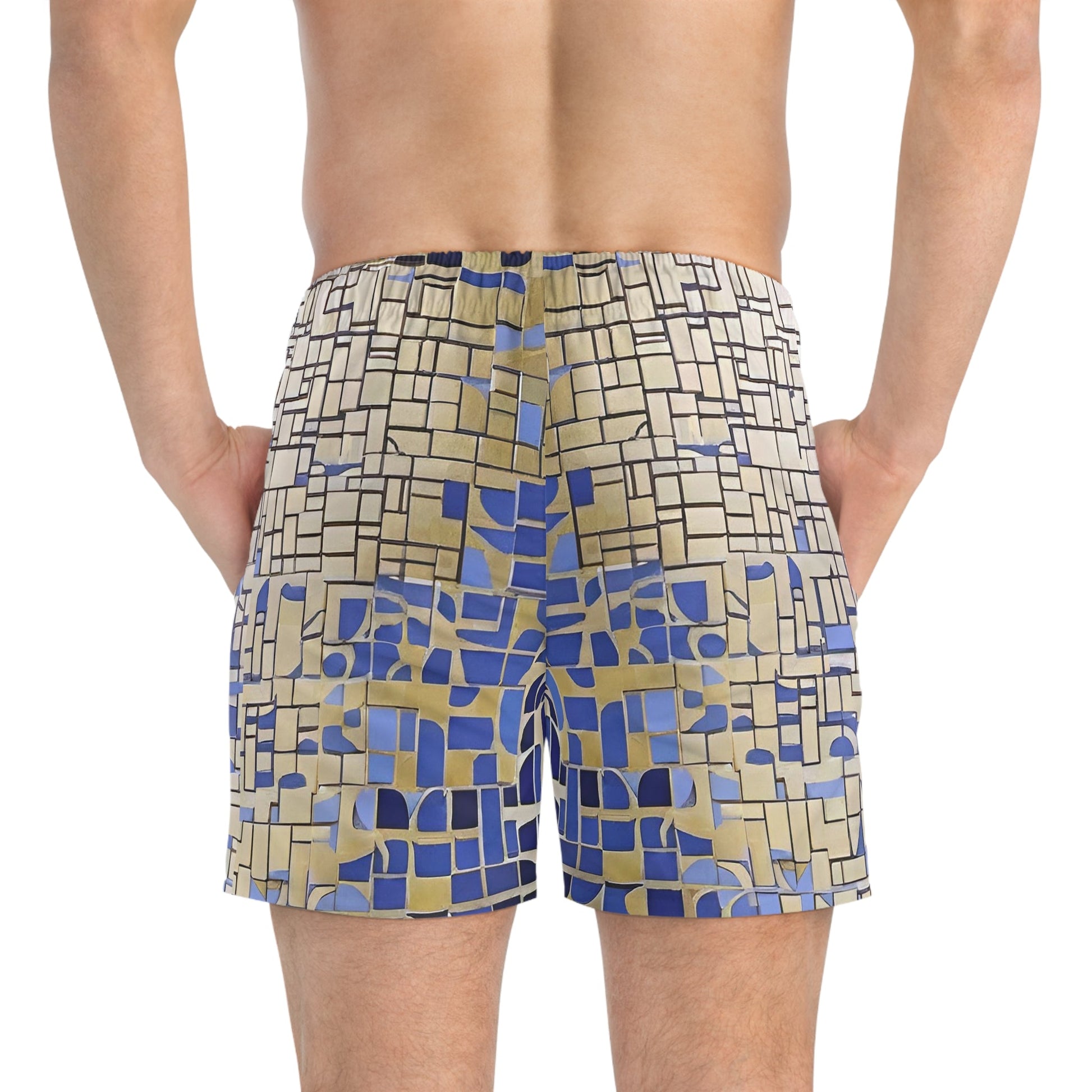 Geometric Mosaic Swim Trunks — Blue & Sand All-Over Print Printify bakabo.club