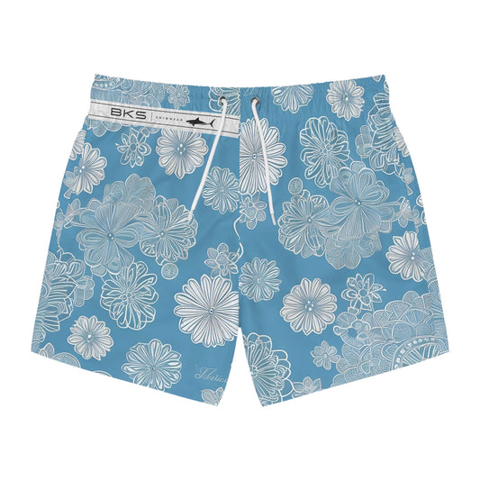Blue Floral Swim Trunks — White Sketch Hibiscus All-Over Print Printify bakabo.club