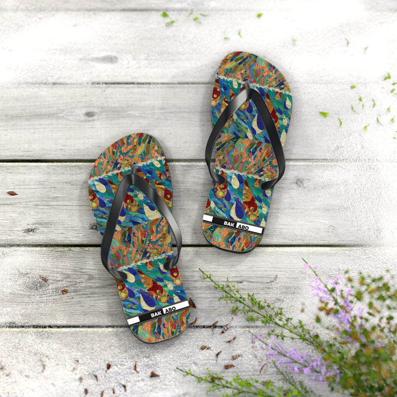 Tropical Abstract Flip Flops — Colorful Beach Sandal with Vibrant Wave Pattern Printify bakabo.club
