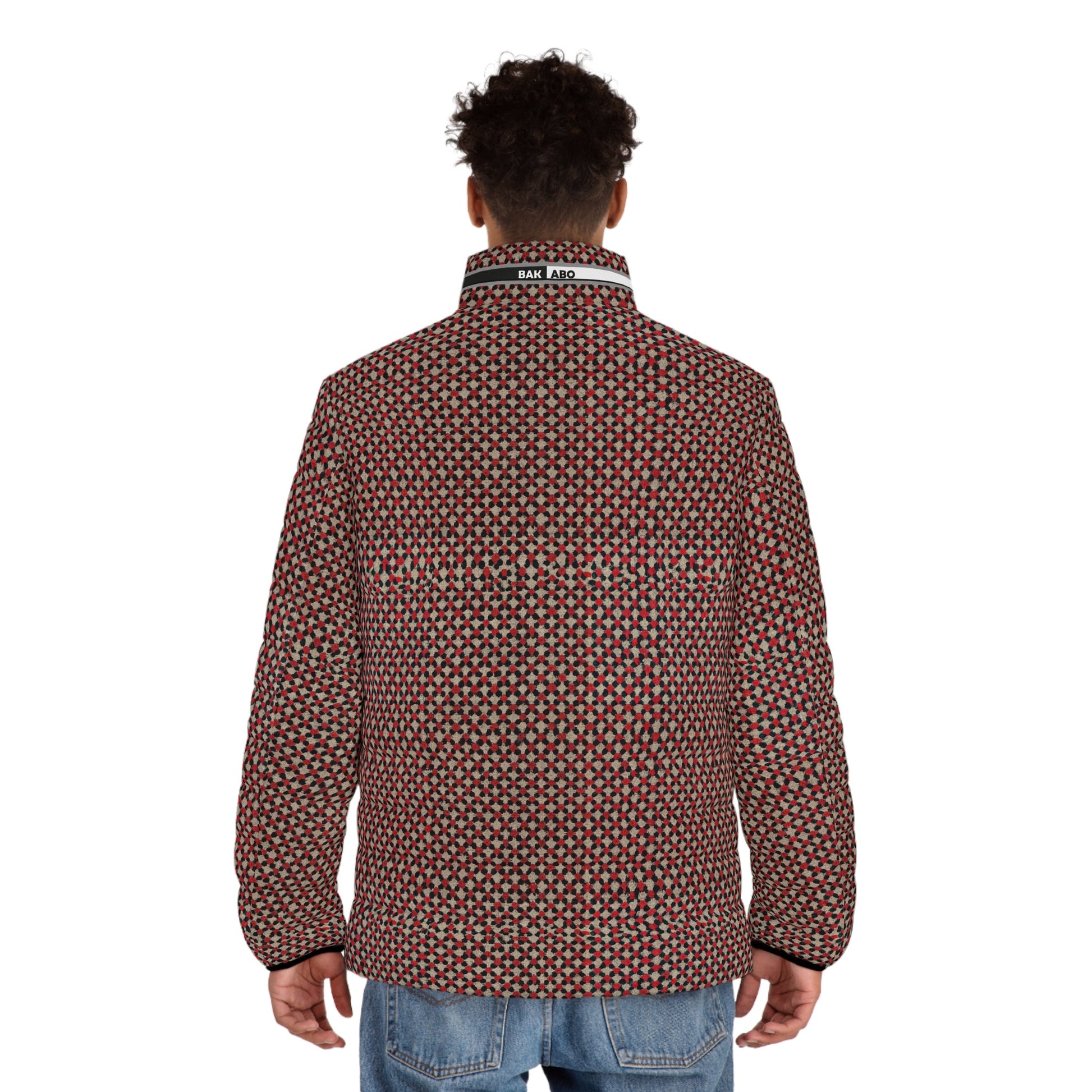 Men's Geometric Pattern Puffer Jacket — Red All-Over Print Printify bakabo.club