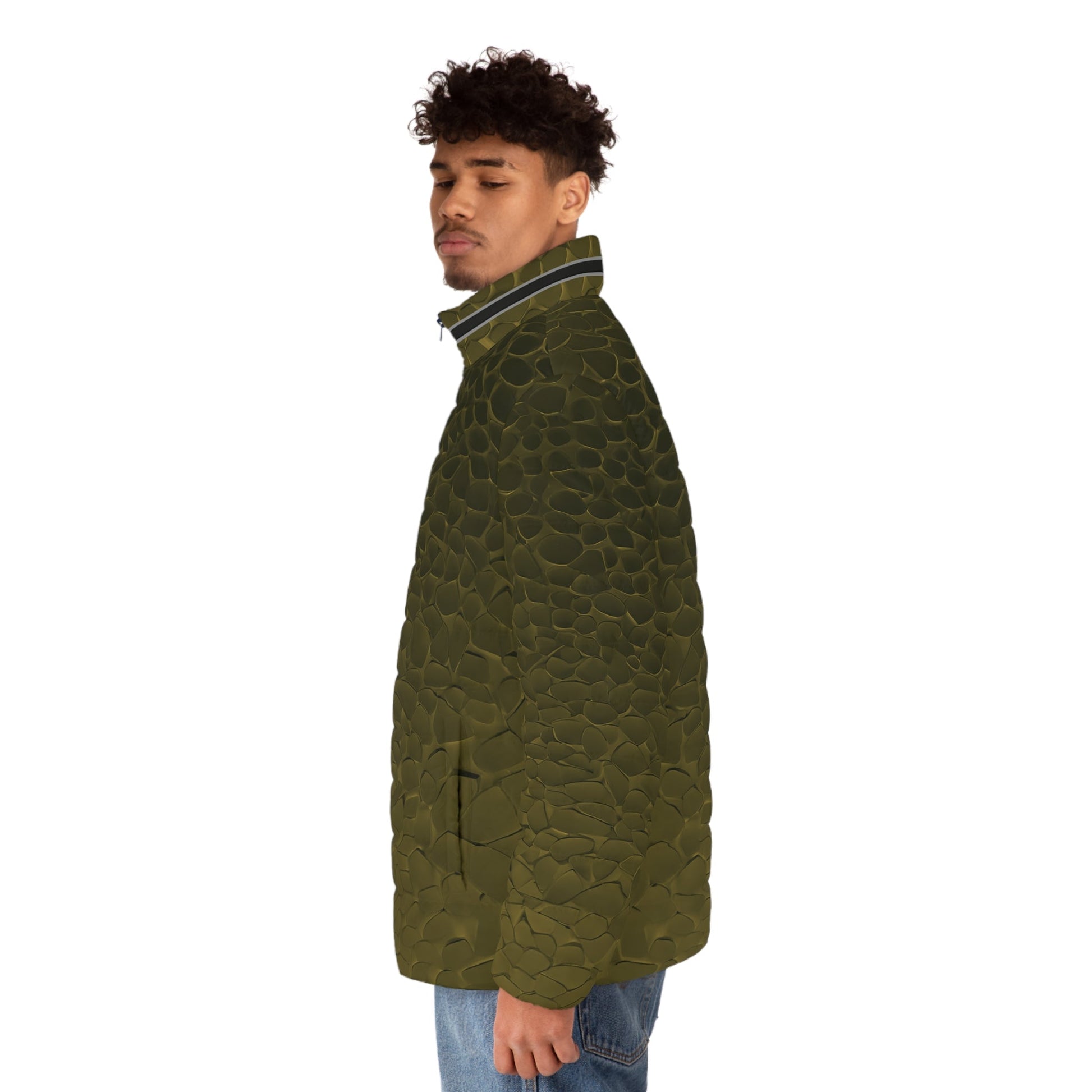 Olive Textured Scale Puffer Jacket — Men's Lightweight Quilted Coat