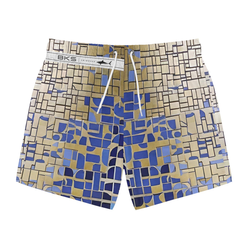 Geometric Mosaic Swim Trunks — Blue & Sand All-Over Print