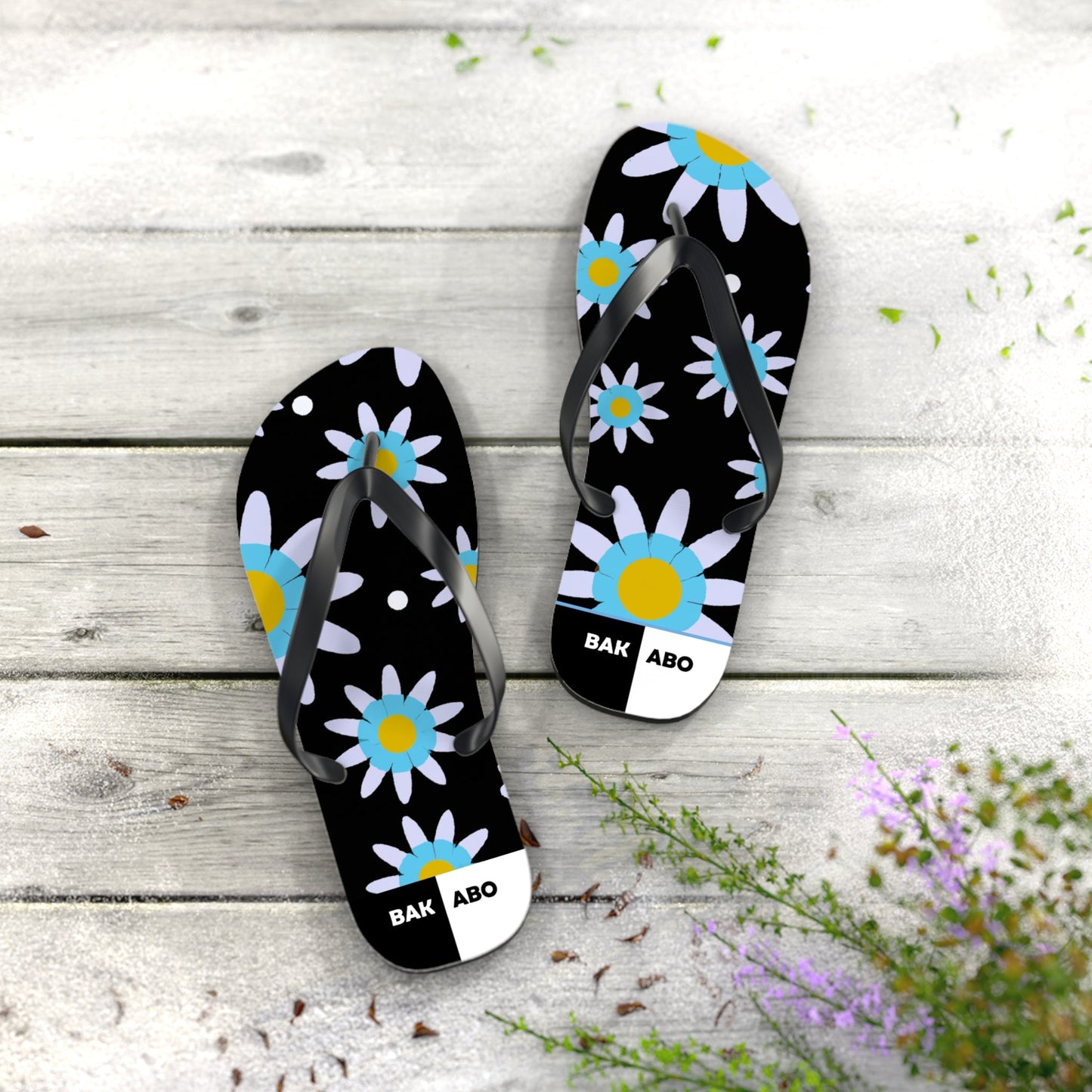 Daisy Pattern Flip Flops – Blue & Yellow Floral Summer Sandals Printify bakabo.club