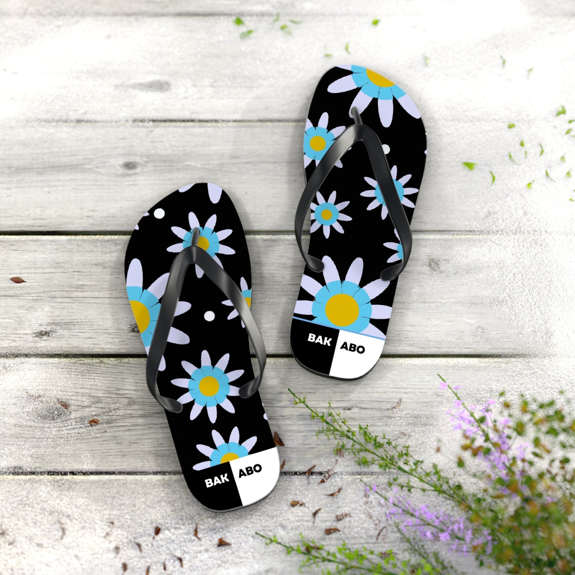 Daisy Pattern Flip Flops – Blue & Yellow Floral Summer Sandals Printify bakabo.club