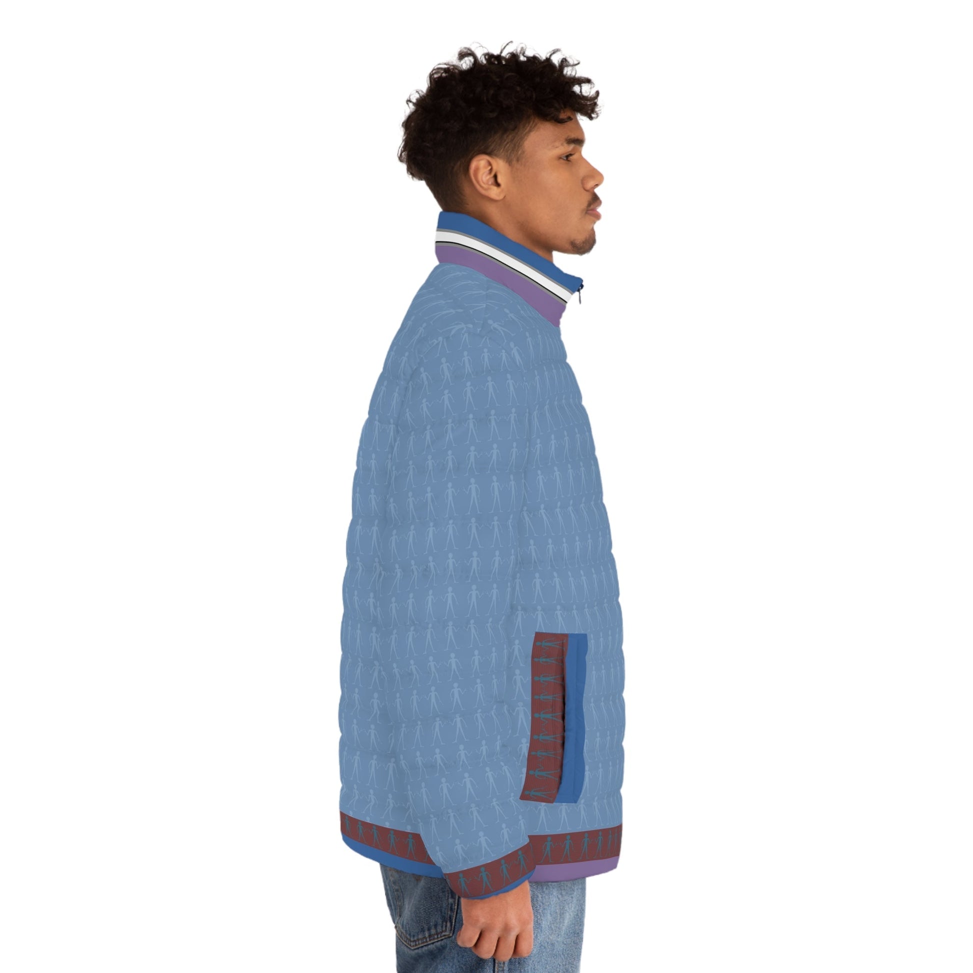 Men's Quilted Puffer Jacket — Light Blue Patterned All-Over Print