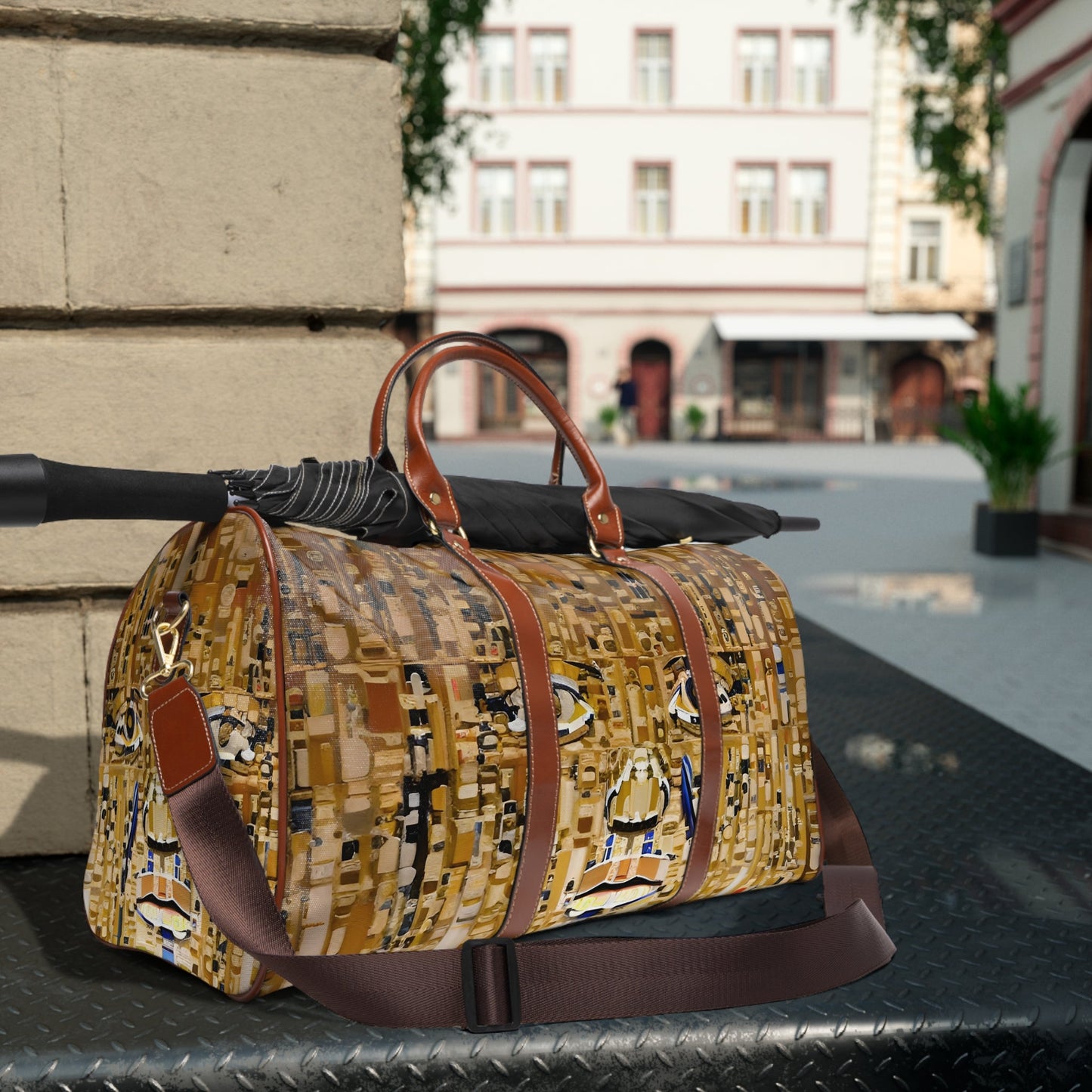 Waterproof Travel Duffle Bag — Modern Mosaic Gold Pattern Printify bakabo.club