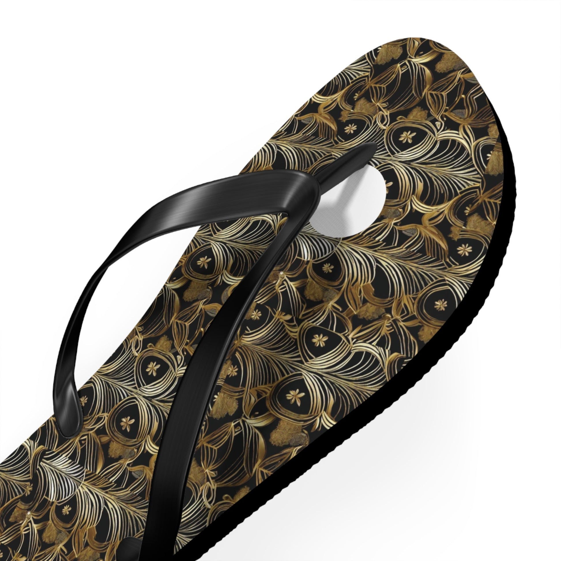 Peacock Feather Pattern Flip Flops — Tropical Beach Sandals with Elegant Feather Design Printify bakabo.club
