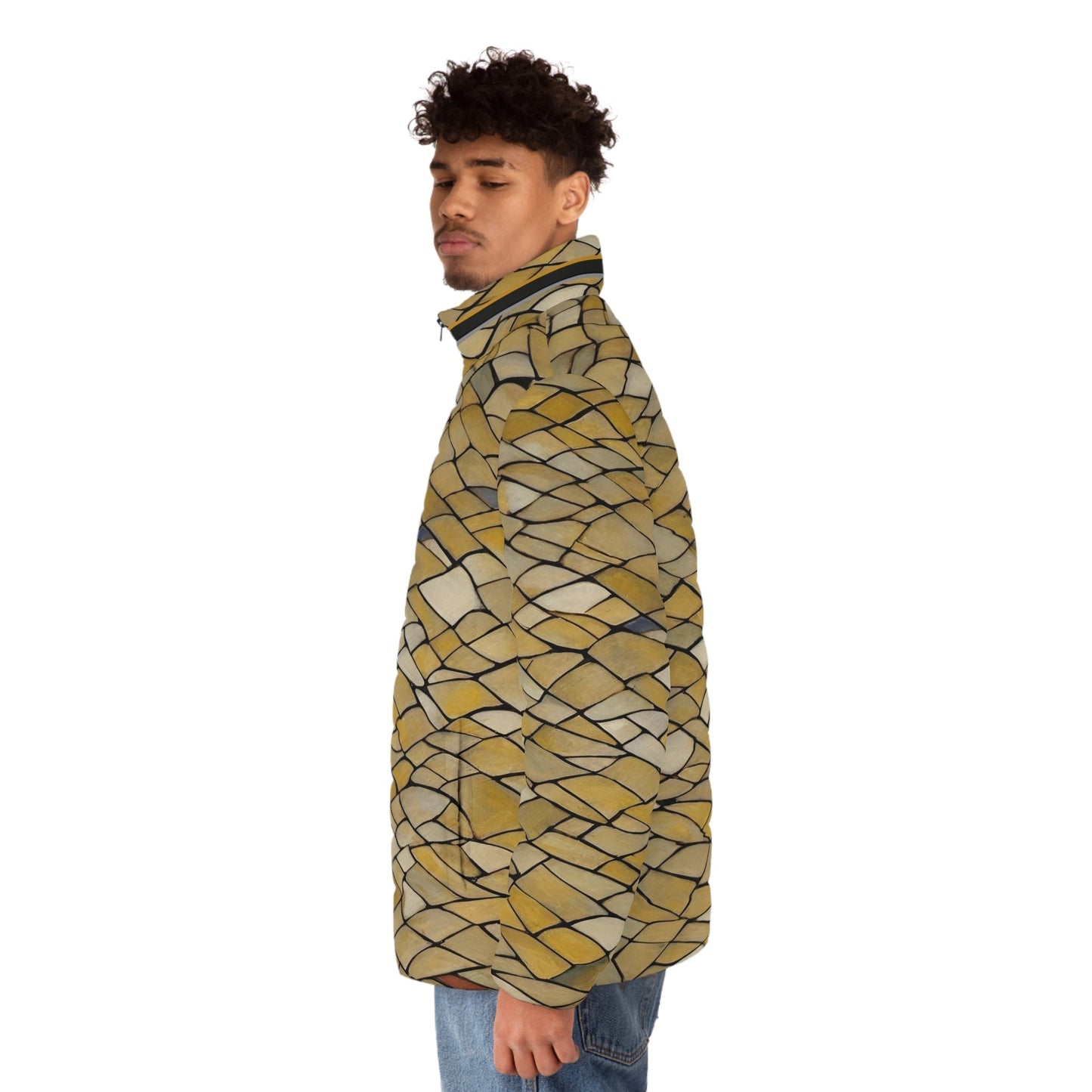 Puffer Jacket — Golden Woven Tile All-Over Print