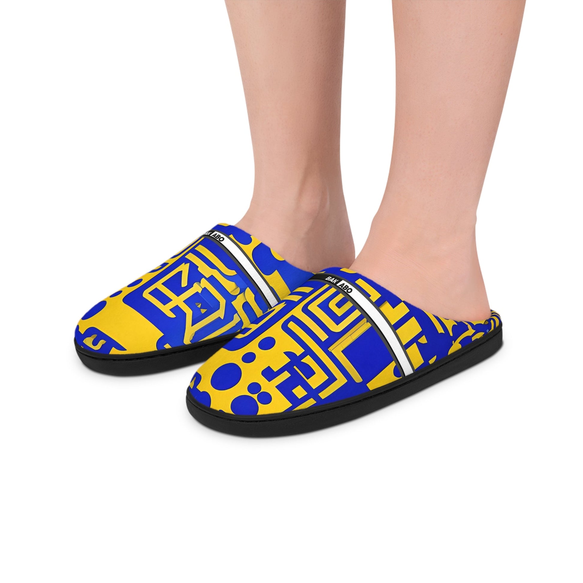 Graphic Pattern Women's Indoor Slippers — Bold Blue & Yellow Geometric Design BakAbo Studio BKS bakabo.club