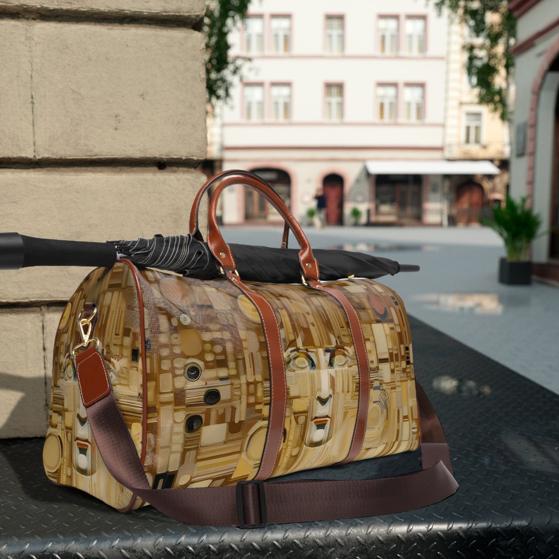 Abstract Gold Mosaic Duffel Bag – Waterproof Travel Bag with Modern Face Art Printify bakabo.club