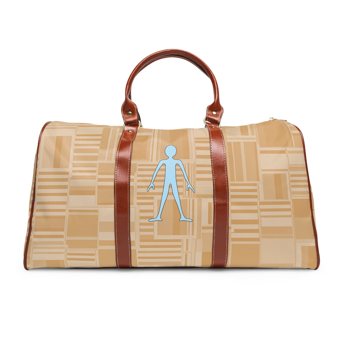 Waterproof Travel Bag — Beige Geometric Weekender with Blue Stick Figure Printify bakabo.club