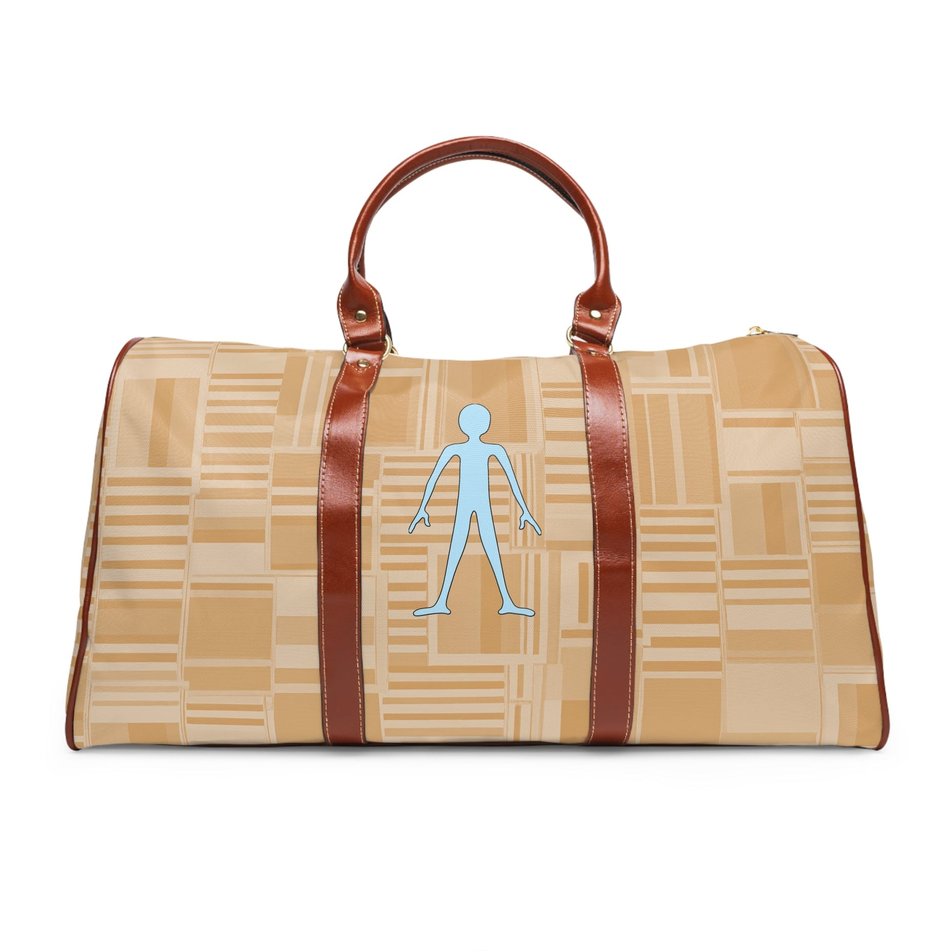 Waterproof Travel Bag — Beige Geometric Weekender with Blue Stick Figure Printify bakabo.club