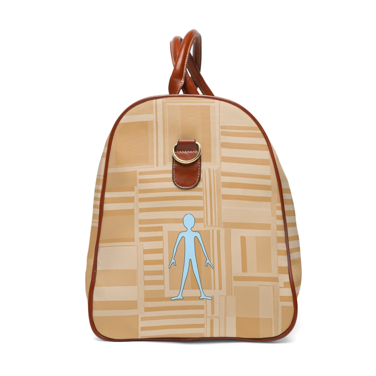Waterproof Travel Bag — Beige Geometric Weekender with Blue Stick Figure Printify bakabo.club