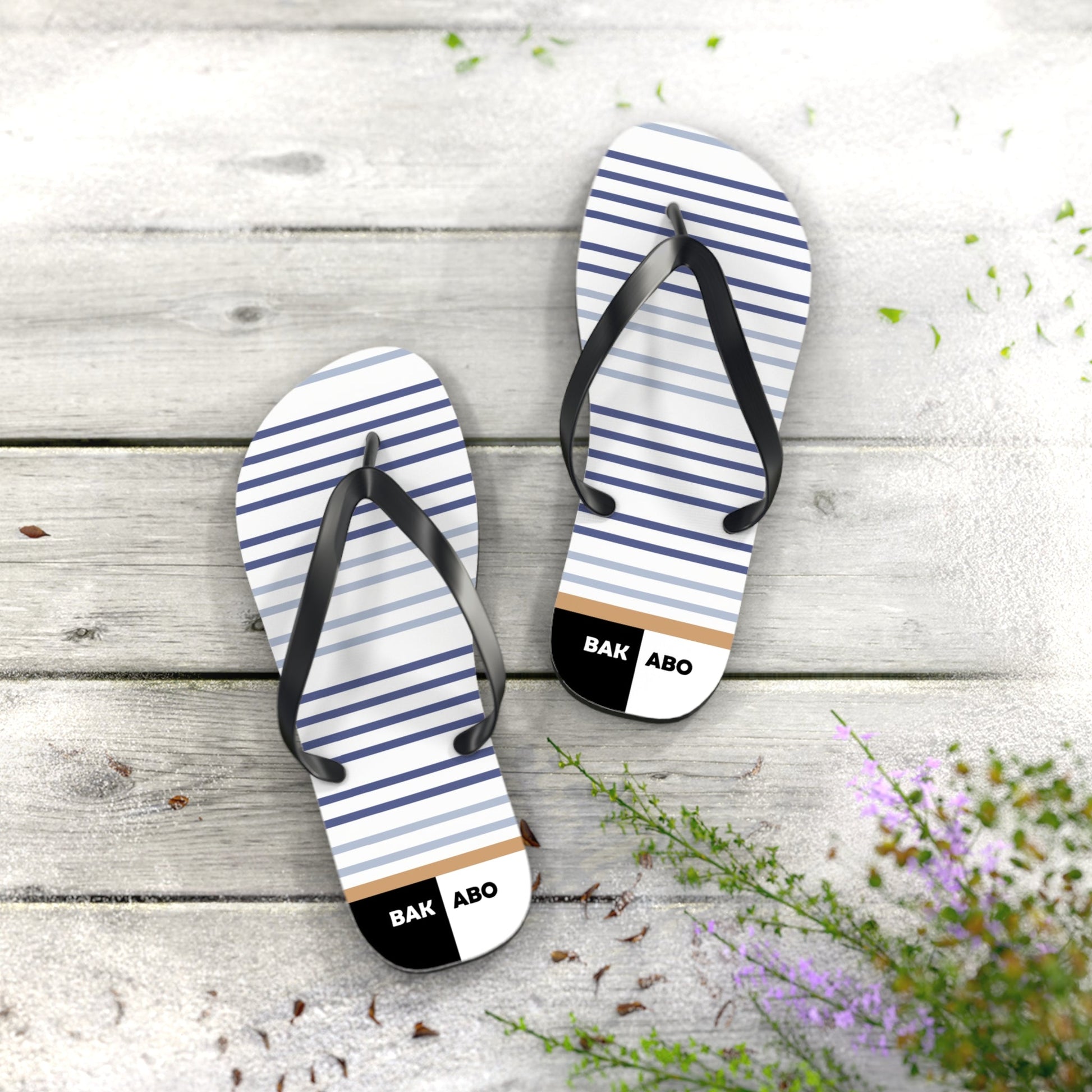 Striped Nautical Flip Flops – Casual Beach Sandals with 'BAK ABO' Accent Printify bakabo.club