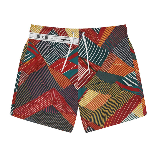 Abstract Geo Stripe Swim Trunks - Bold Red Green Patterned Beach Shorts Printify bakabo.club