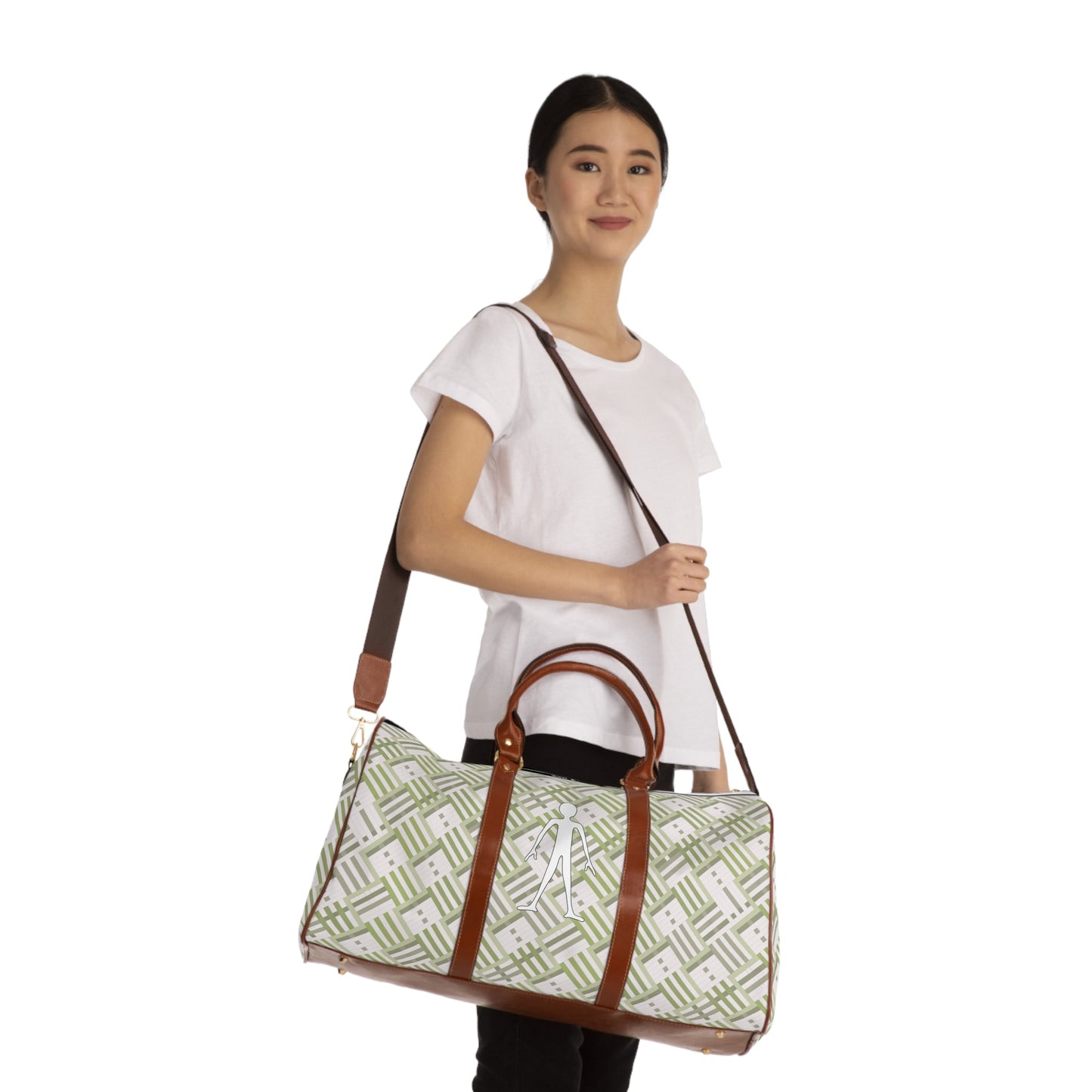 Waterproof Travel Bag – Olive Geometric Weekender Duffle with White Walker Icon Printify bakabo.club