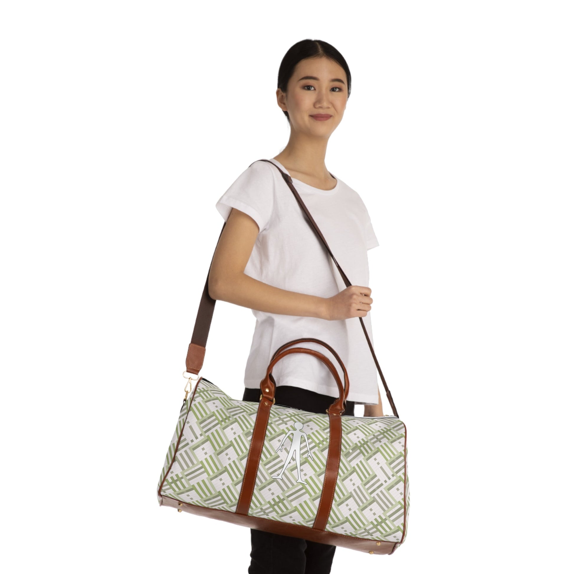Waterproof Travel Bag – Olive Geometric Weekender Duffle with White Walker Icon Printify bakabo.club