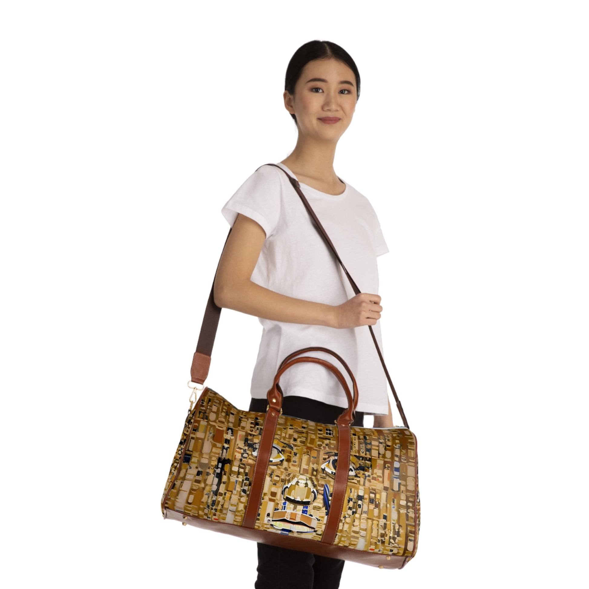 Waterproof Travel Duffle Bag — Modern Mosaic Gold Pattern Printify bakabo.club