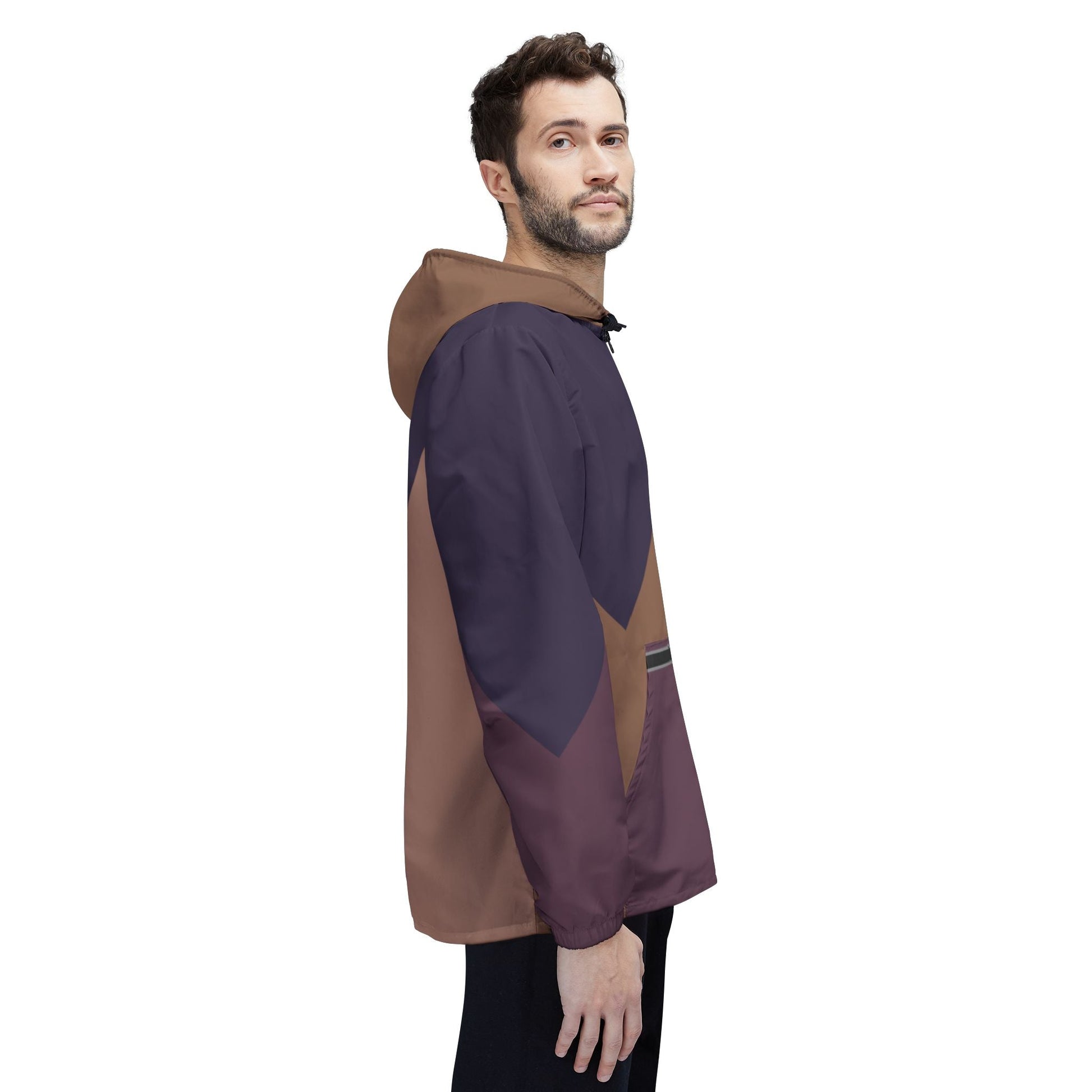 Geometric Chevron Windbreaker Jacket – Brown & Plum Colorblock Hooded Outerwear Printify bakabo.club