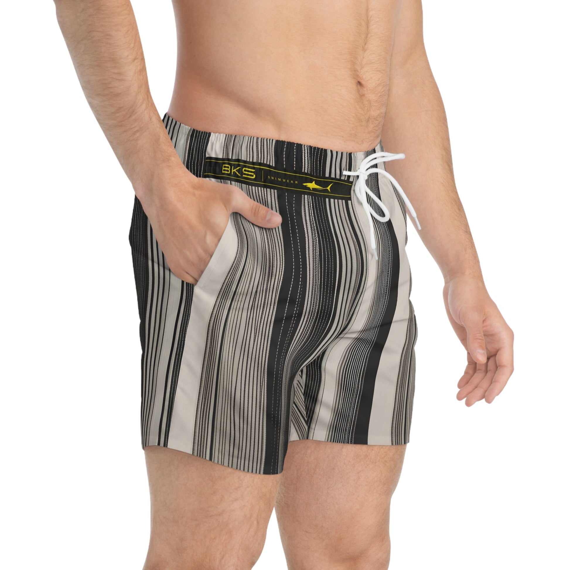 Men's Striped Swim Trunks — Neutral Black & Beige Vertical Stripe Swim Shorts Printify bakabo.club